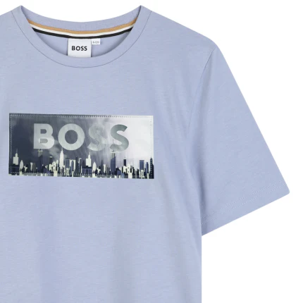 T-Shirt Boss azzurra con stampa argento e logo - Image 3