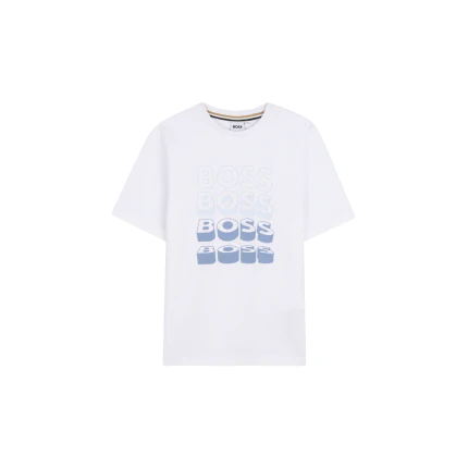 T-Shirt Boss bianca con logo ripetuto azzurro