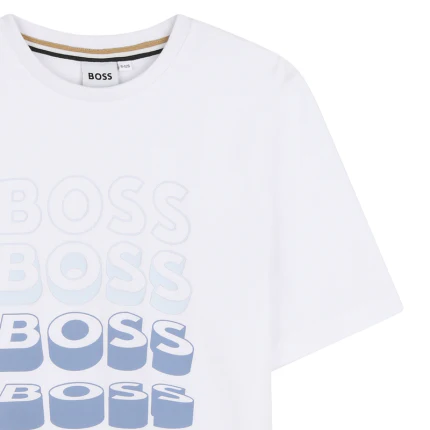 T-Shirt Boss bianca con logo ripetuto azzurro - Image 3