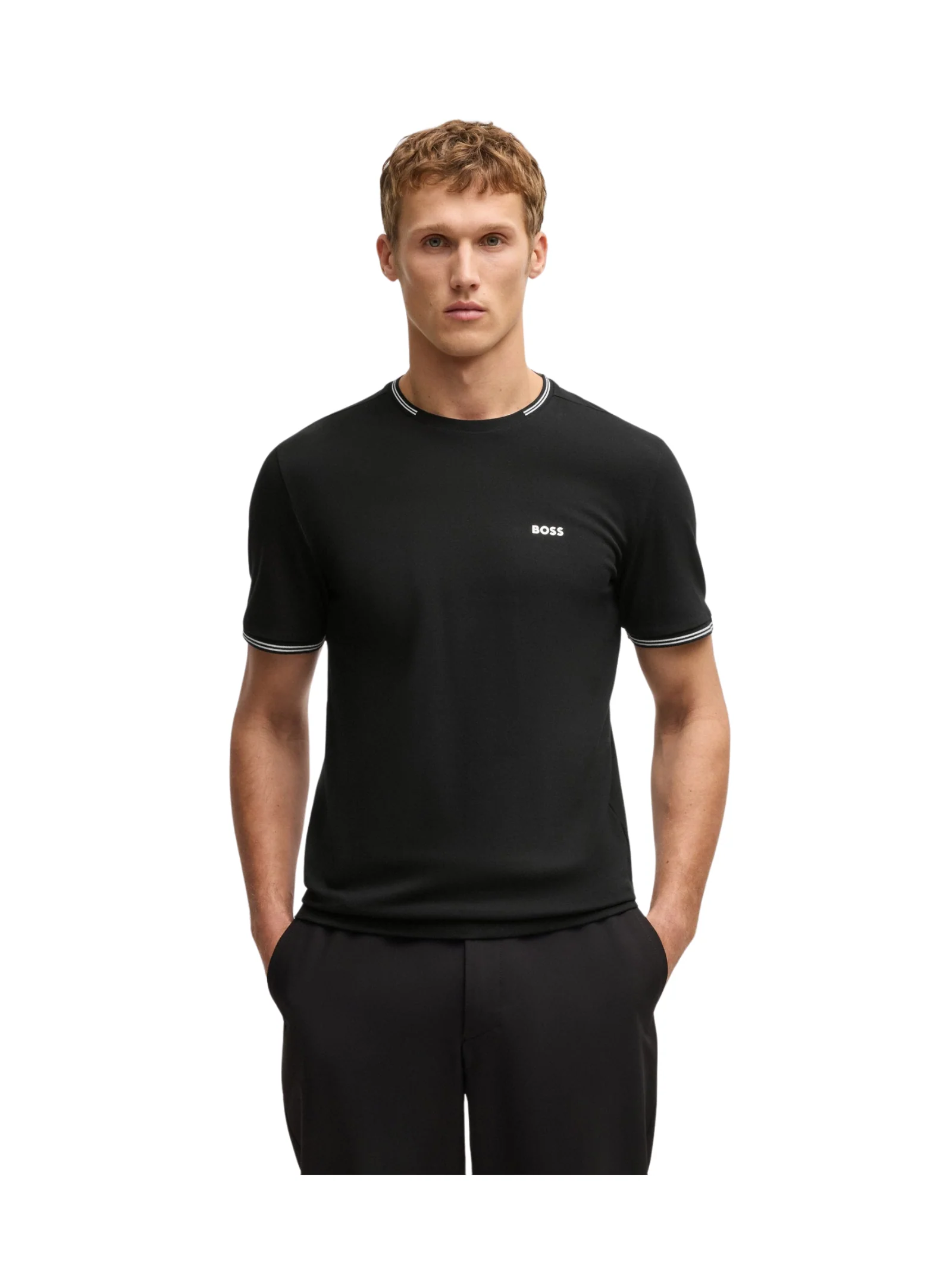 T-Shirt Boss nera con dettagli a righe e logo - Image 2
