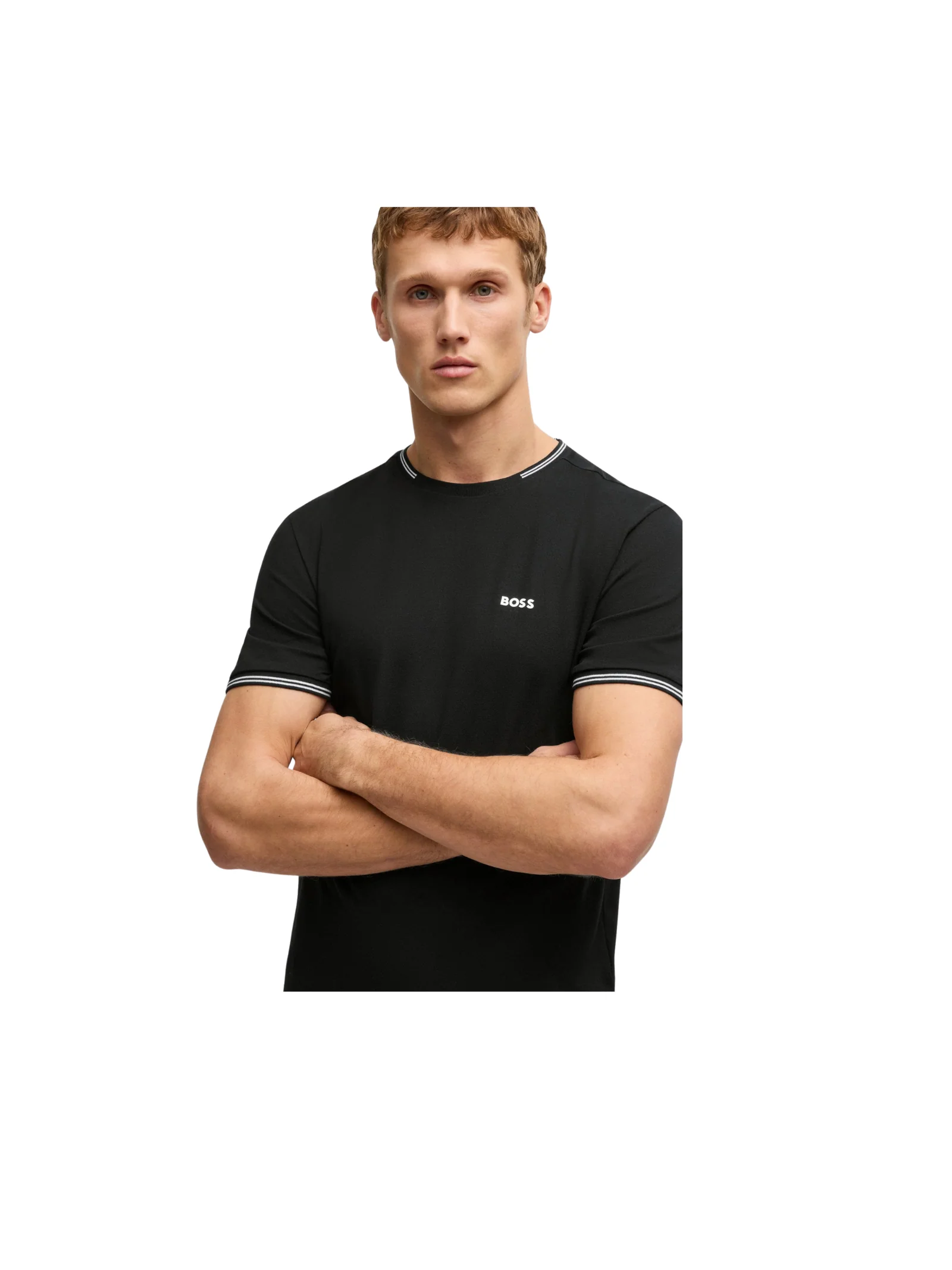 T-Shirt Boss nera con dettagli a righe e logo - Image 4