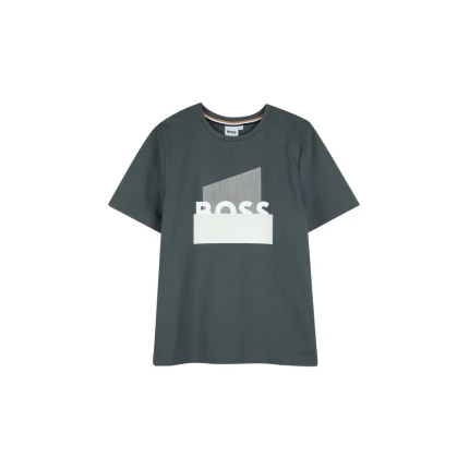 T-Shirt Boss verde con stampa e logo in contrasto