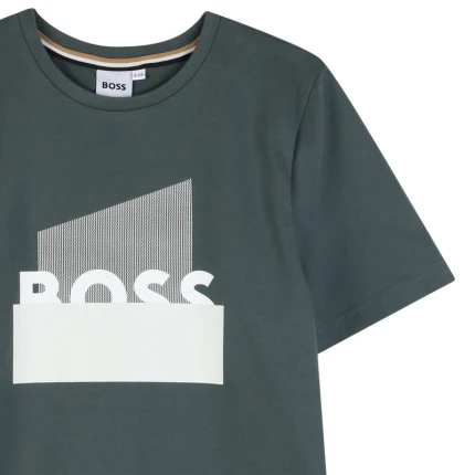 T-Shirt Boss verde con stampa e logo in contrasto - Image 3