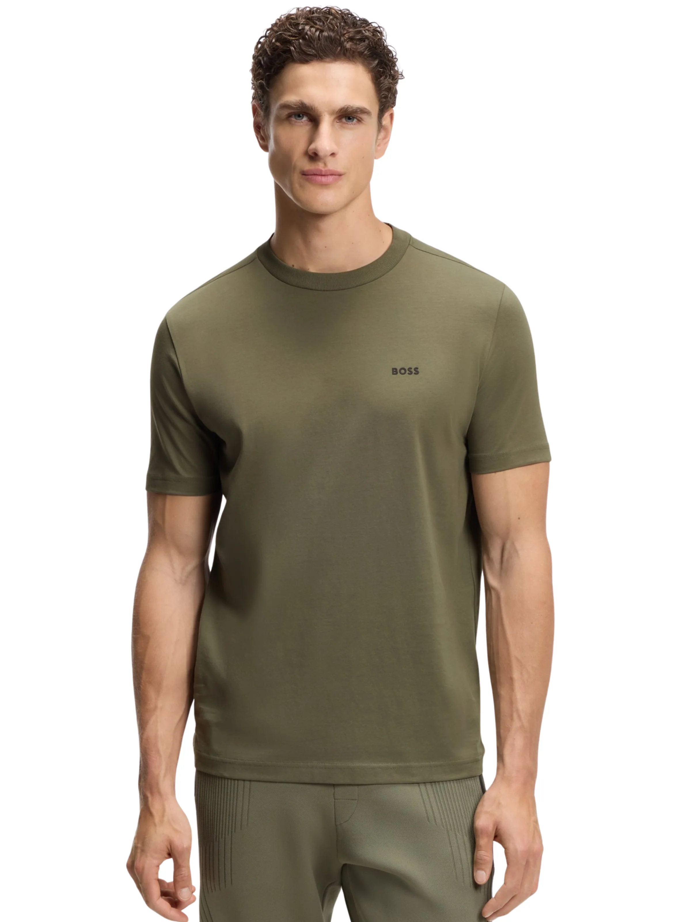 T-Shirt Boss verde oliva in cotone elasticizzato con logo - Image 2