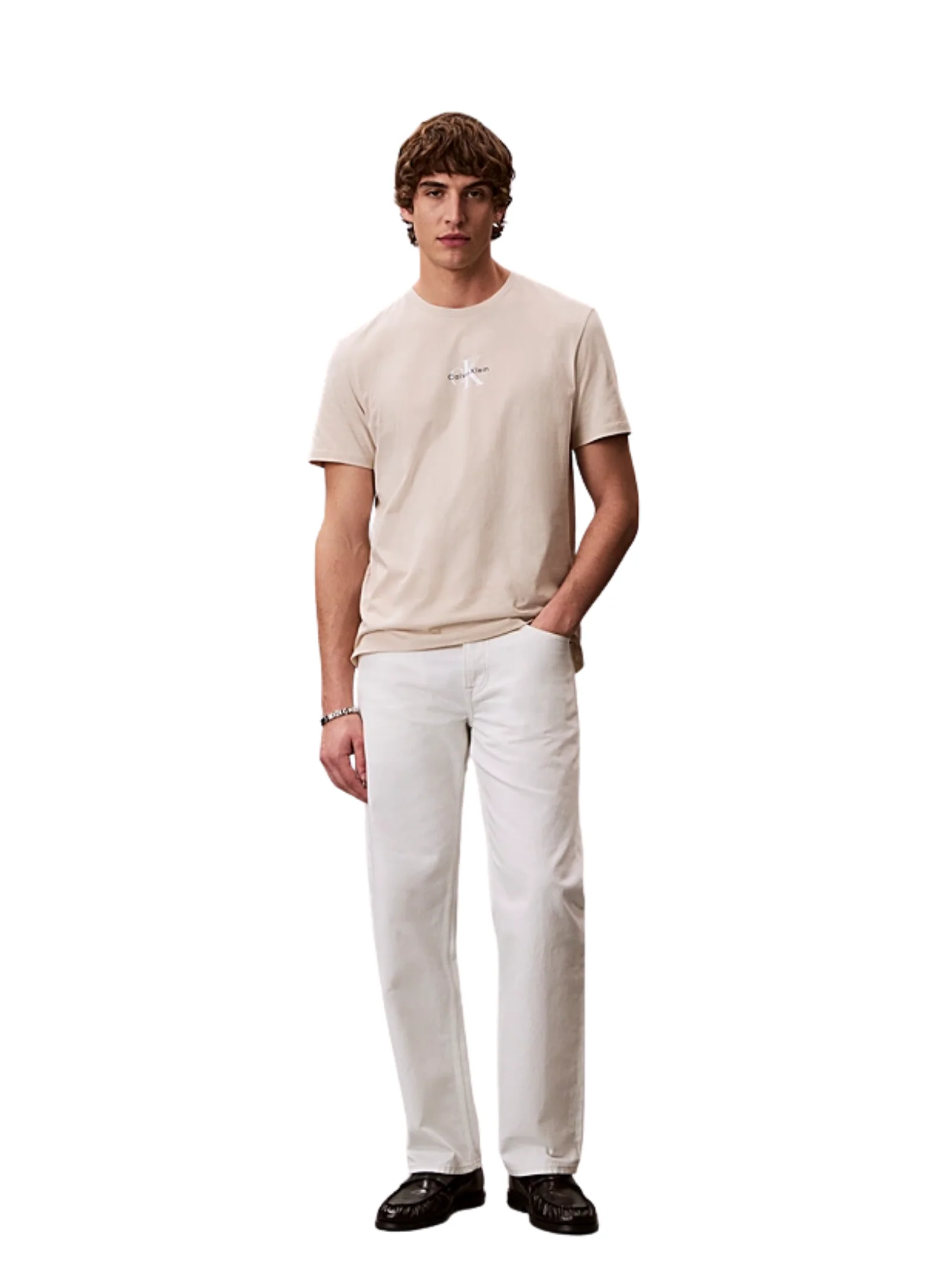 T-shirt Calvin Klein beige con monogramma logo - Image 3