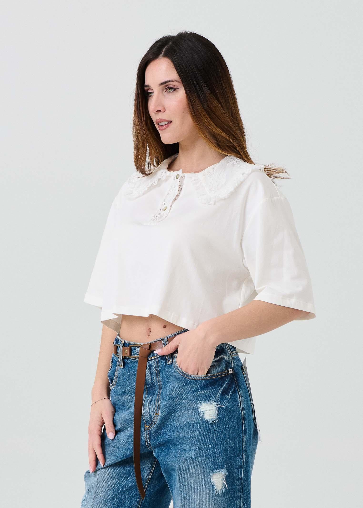 T-shirt con colletto in pizzo Haveone bianco - Image 2