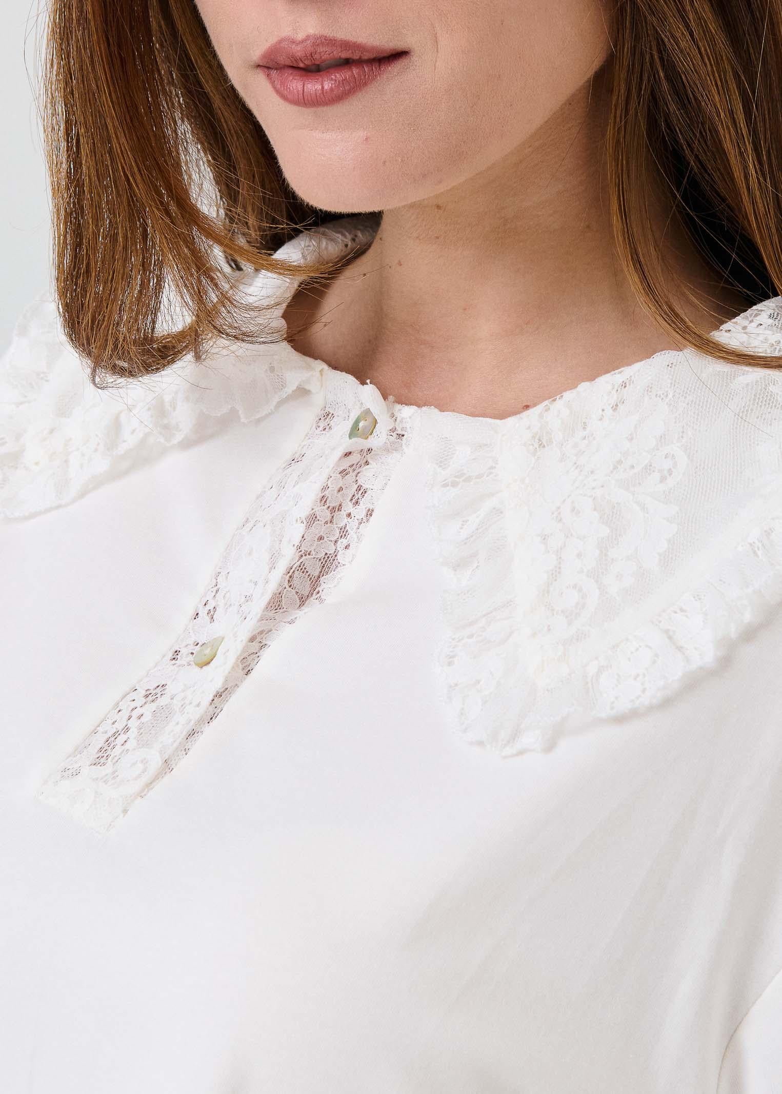T-shirt con colletto in pizzo Haveone bianco - Image 3