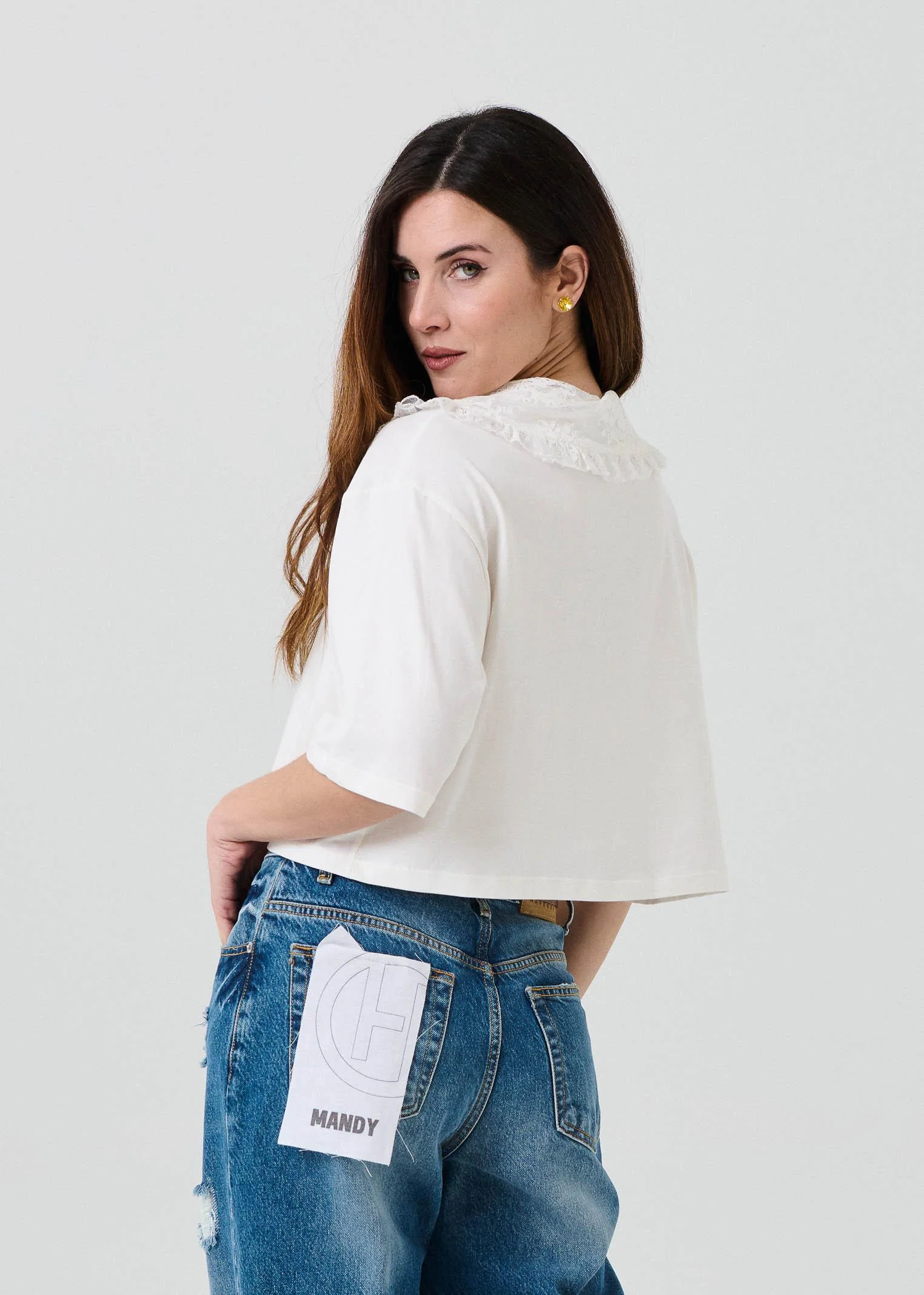 T-shirt con colletto in pizzo Haveone bianco - Image 4