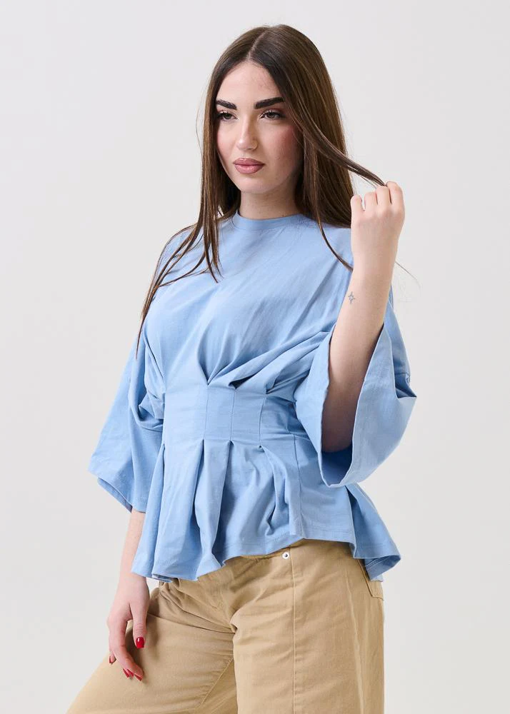 T-Shirt con pieghe in vita Haveone azzurra - Image 2