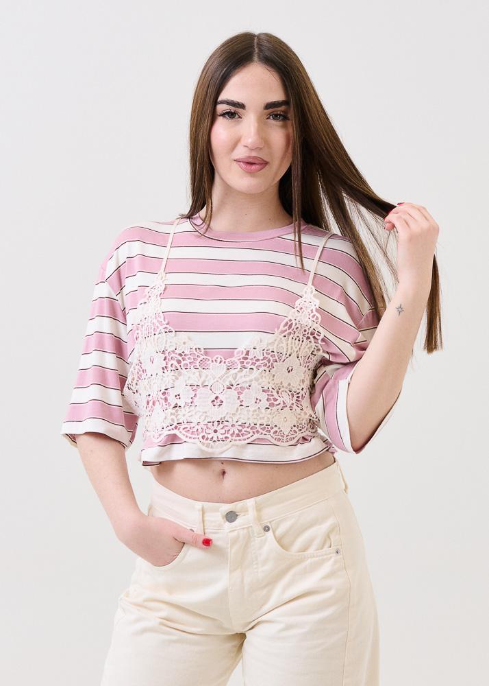 T-Shirt crop Haveone rosa cipria a righe con bralette in pizzo