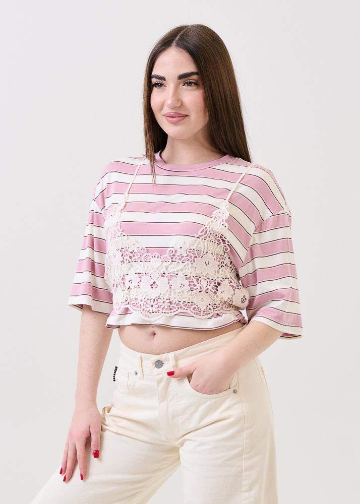 T-Shirt crop Haveone rosa cipria a righe con bralette in pizzo - Image 2