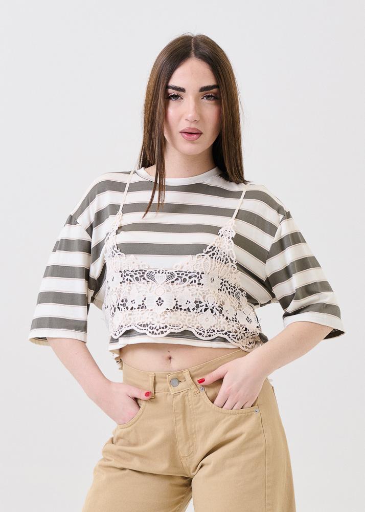 T-Shirt crop Haveone verde militare a righe con bralette in pizzo