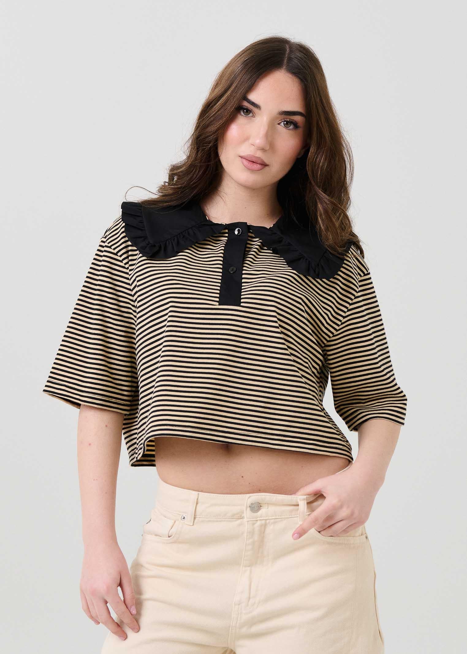 T-Shirt crop Vicolo beige a righe
