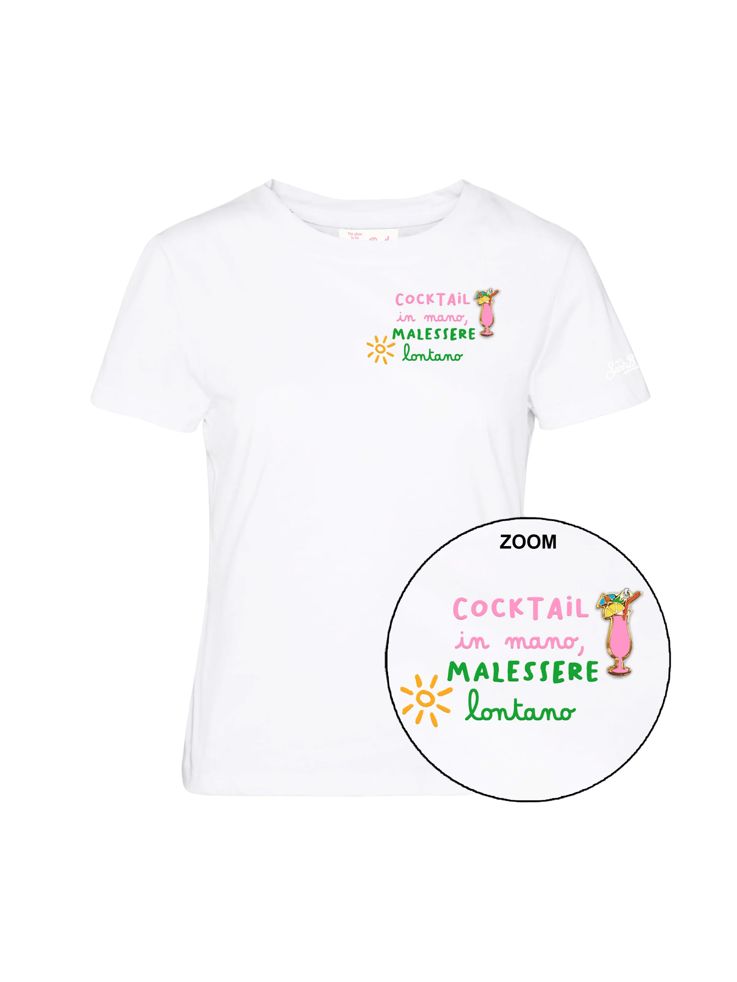 T-Shirt "Emilie" Saint Barth bianca "Cocktail in mano, malessere lontano"