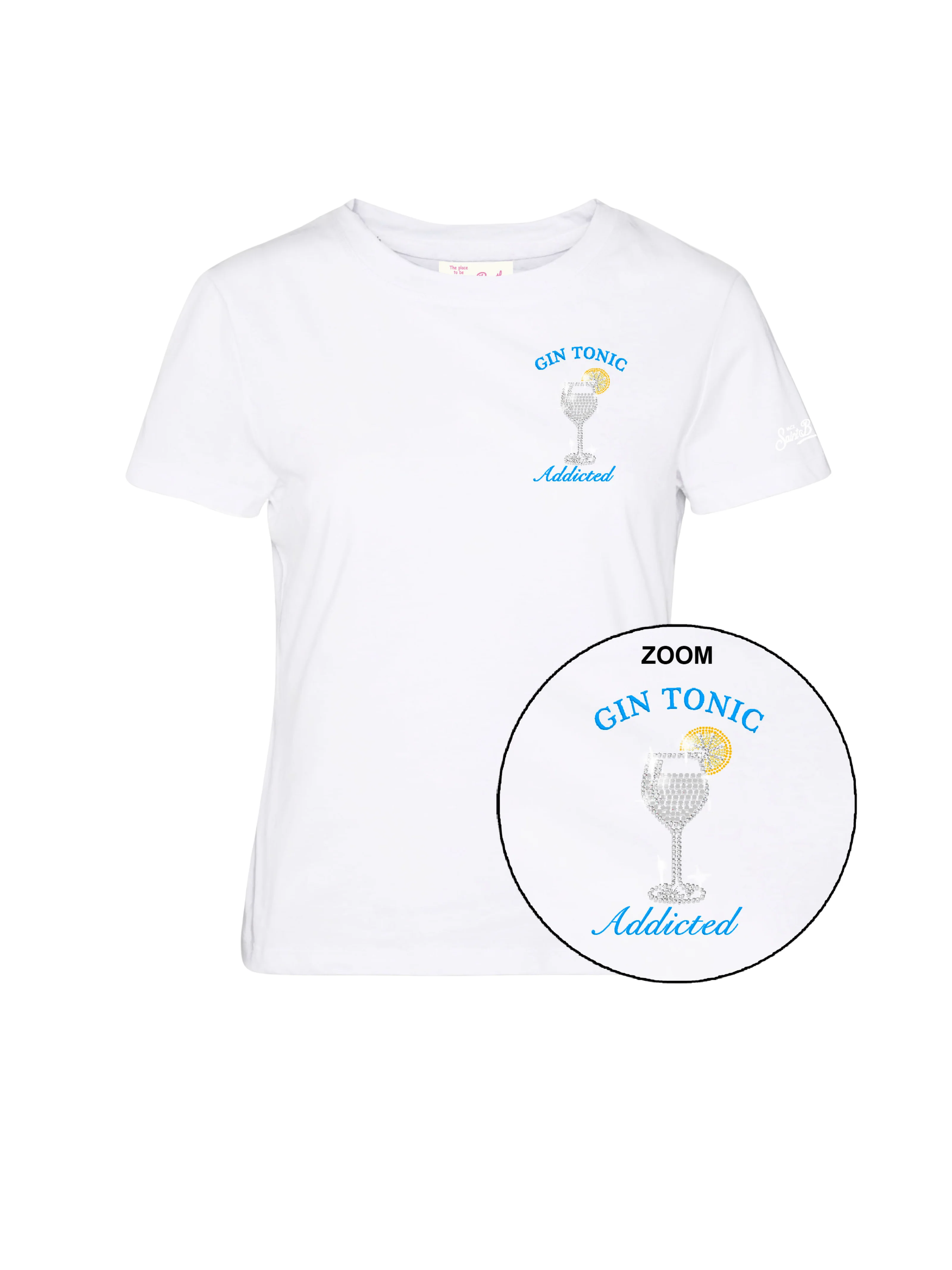 T-Shirt "Emilie" Saint Barth bianca "Gin Tonic Addicted" con strass