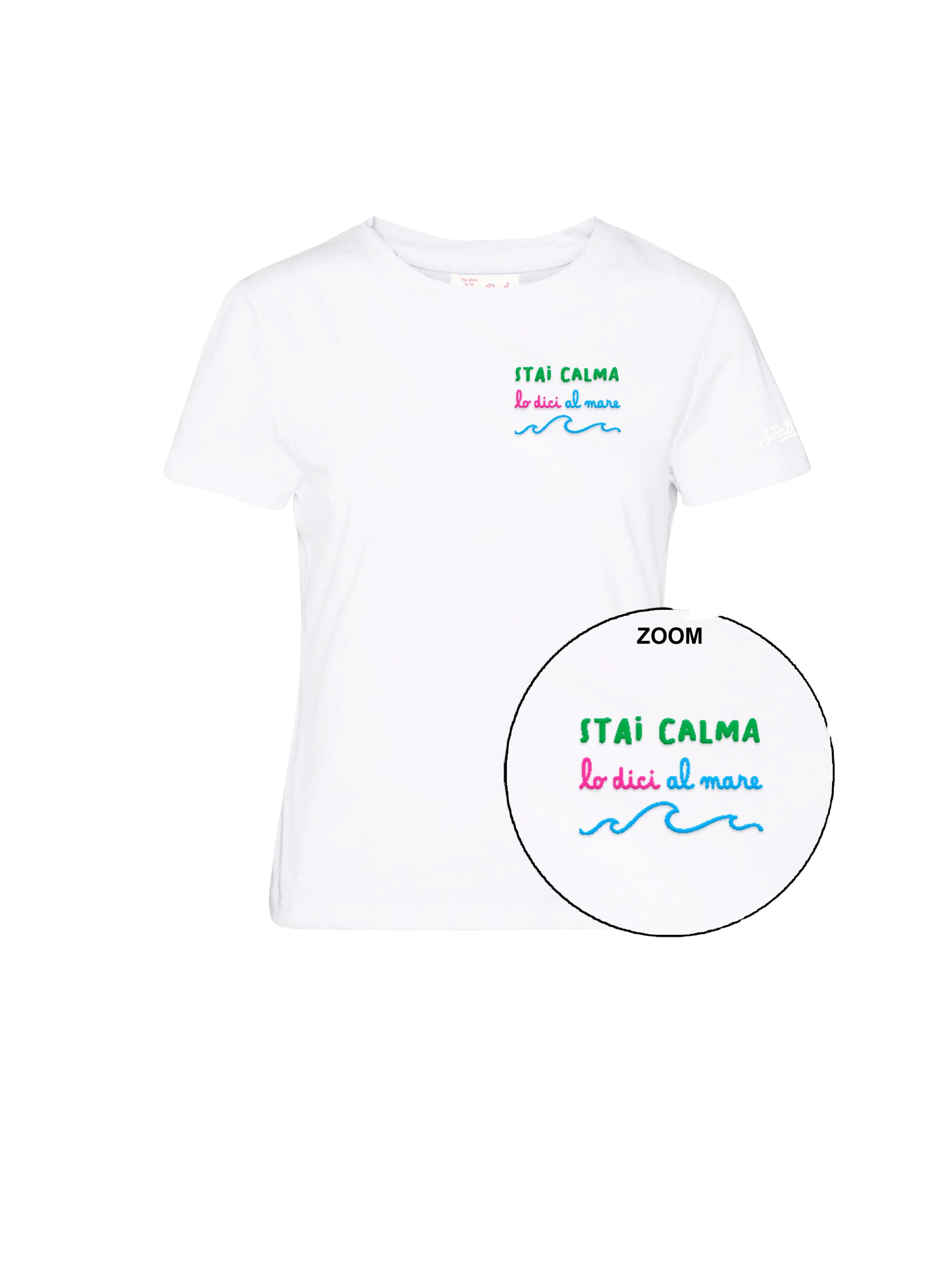 T-Shirt "Emilie" Saint Barth bianca "Stai calma lo dici al mare"