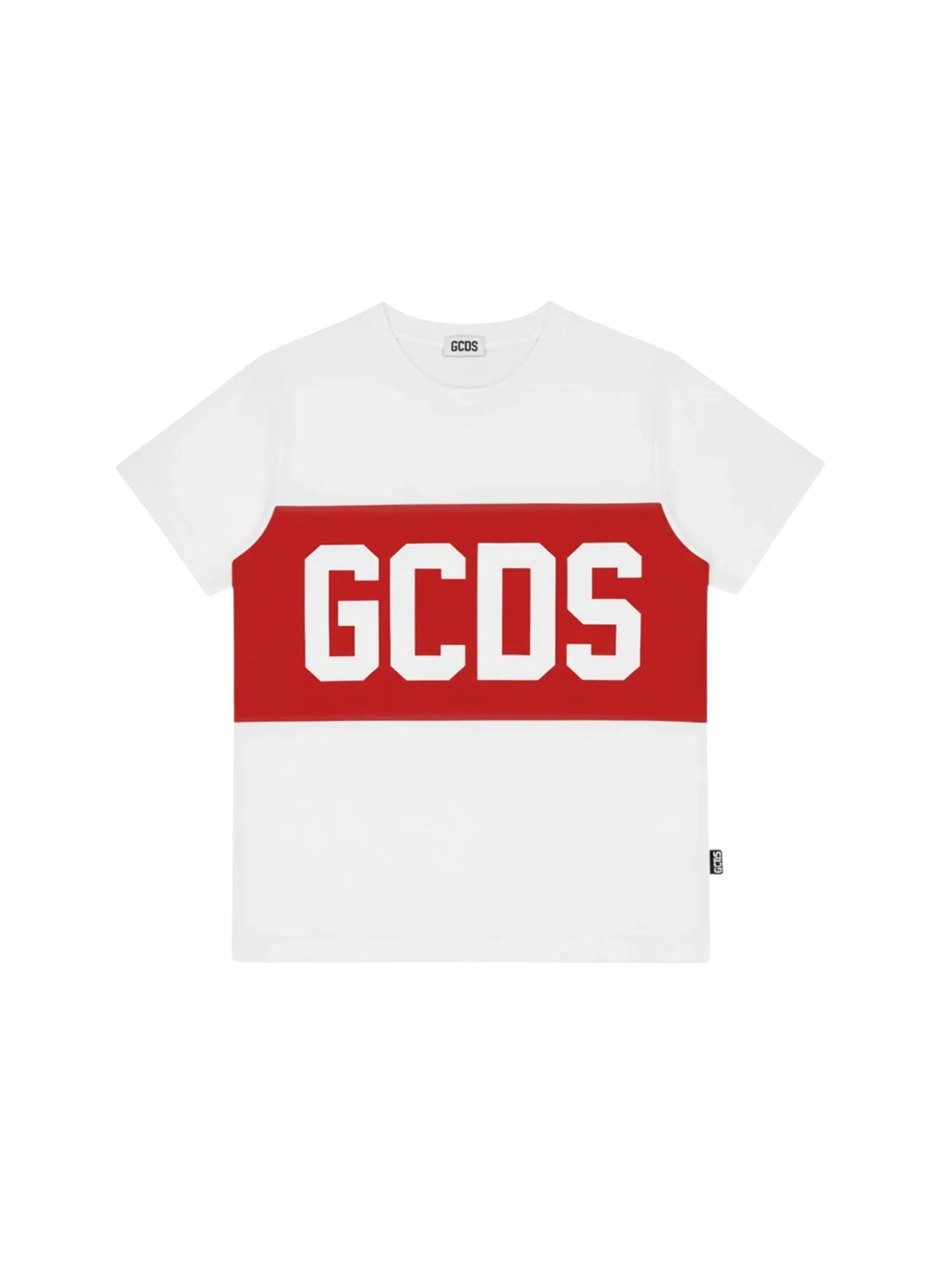 T-Shirt GCDS bianca con banda rossa e logo frontale e posteriore
