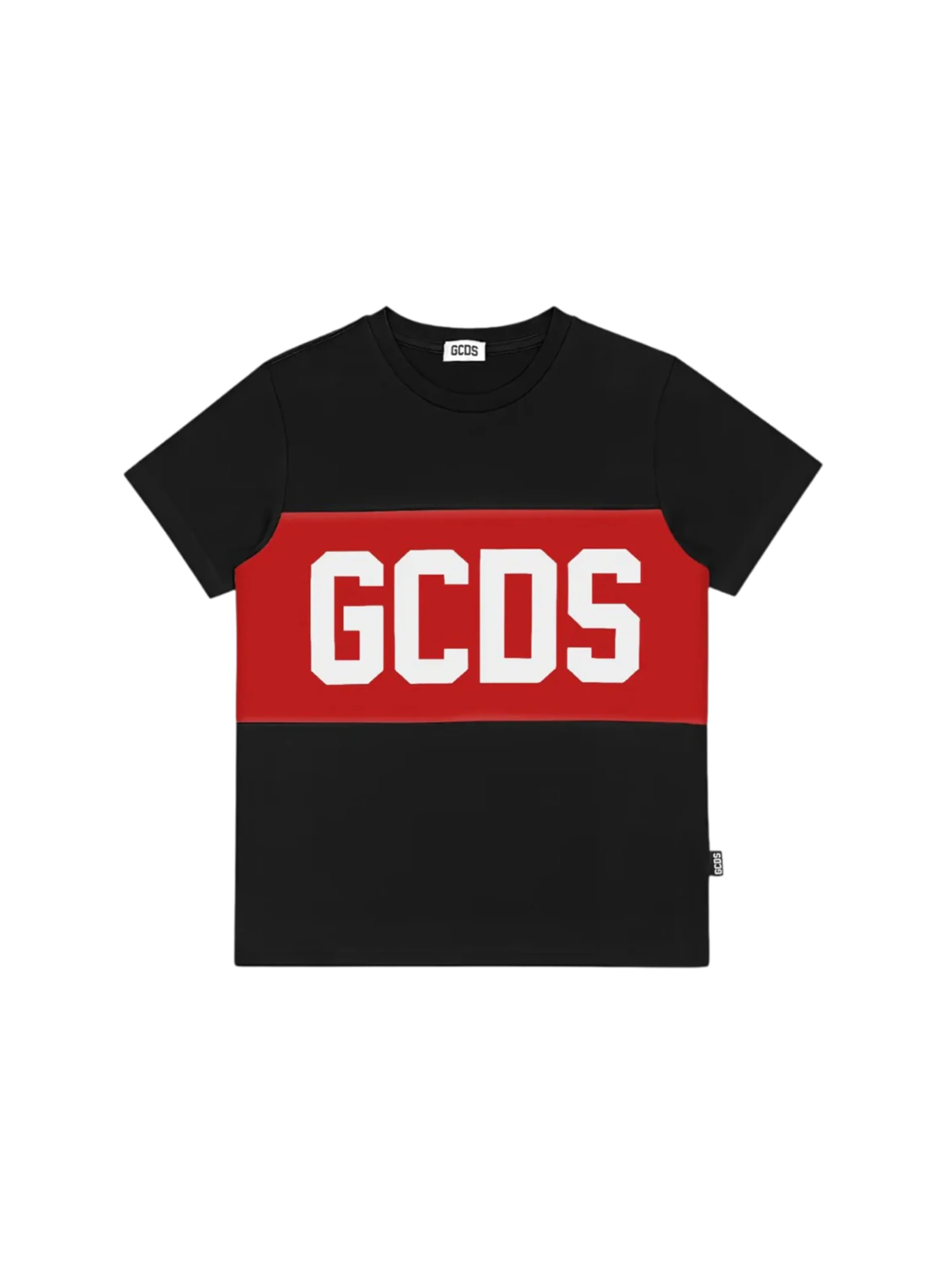 T-Shirt GCDS nera con banda rossa e logo frontale e posteriore
