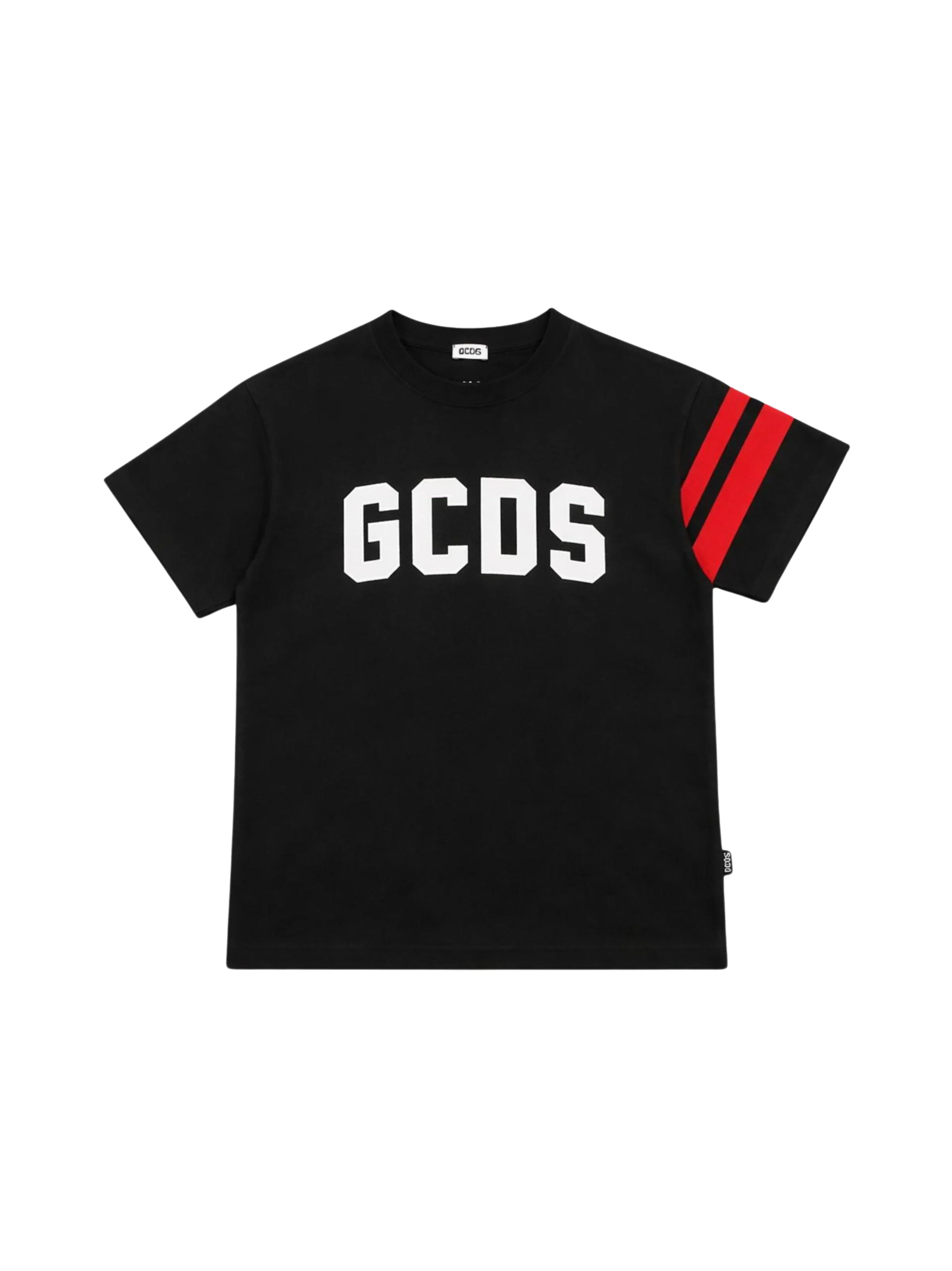 T-Shirt GCDS nera con logo frontale e bande rosse su spalla
