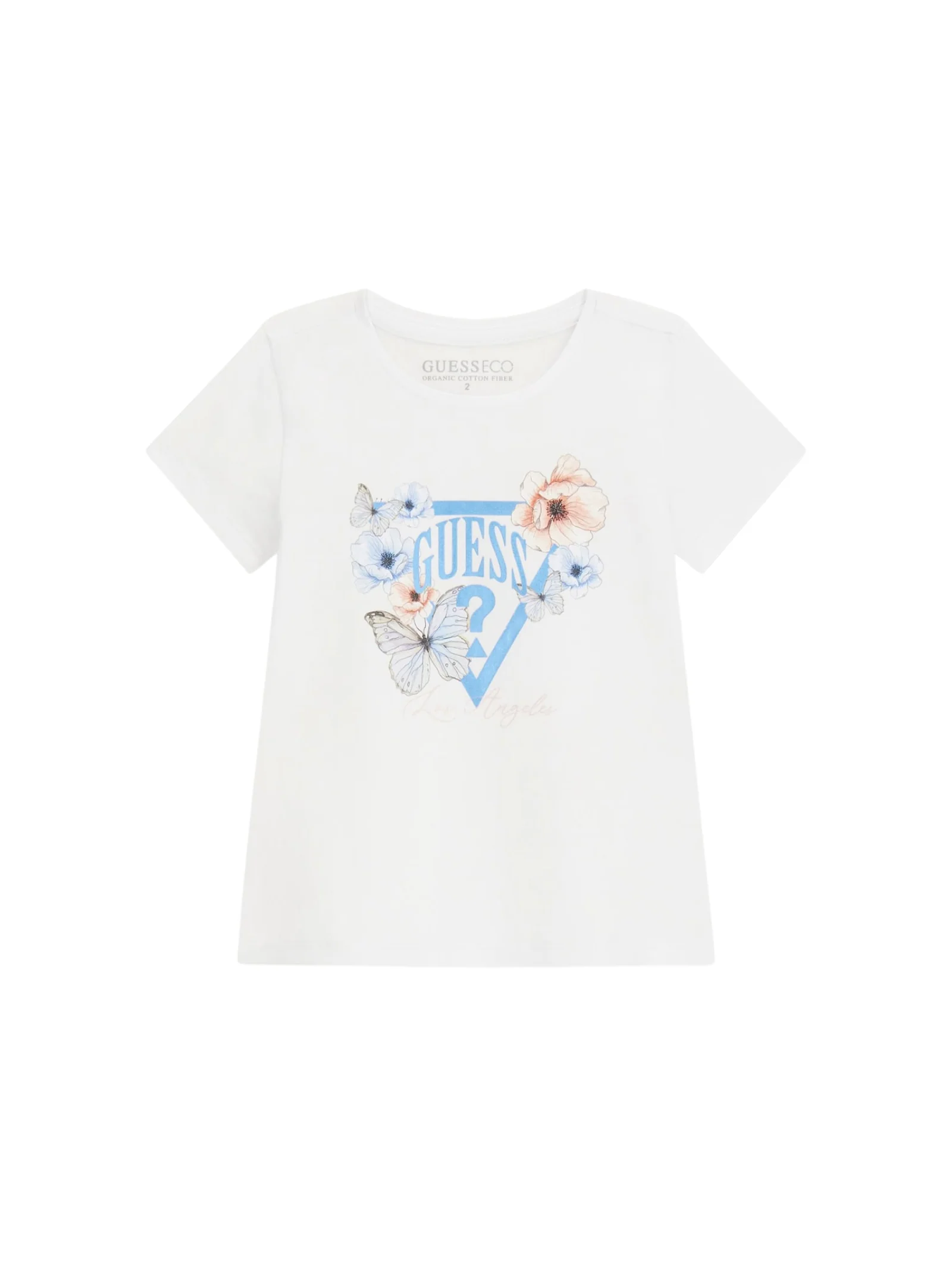 T-Shirt Guess bianca con logo azzurro e fiori in 3D
