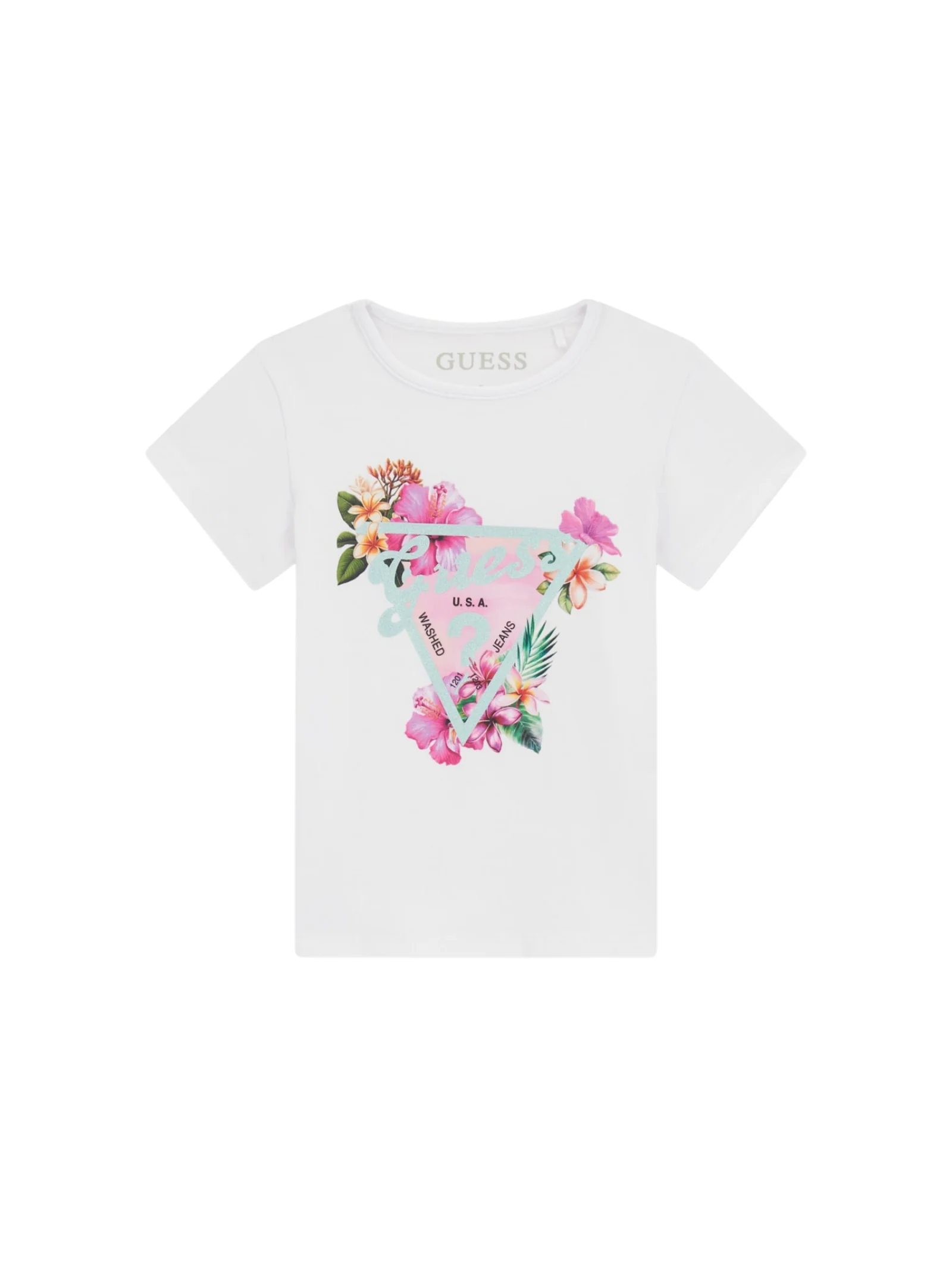 T-Shirt Guess bianca con stampa floreale su logo triangolare