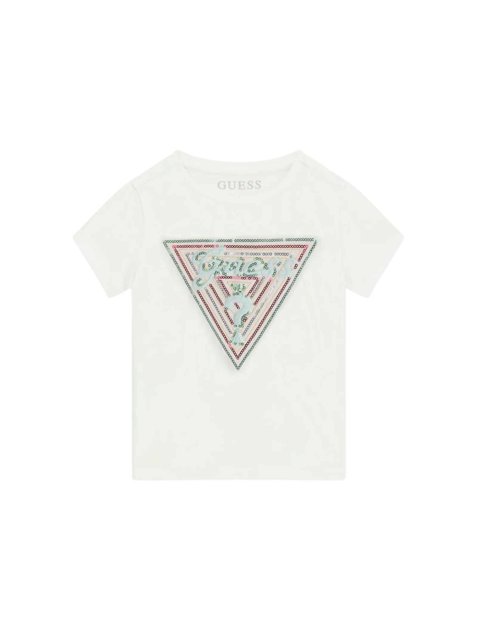 T-Shirt Guess bianca con stampa triangolare multicolor