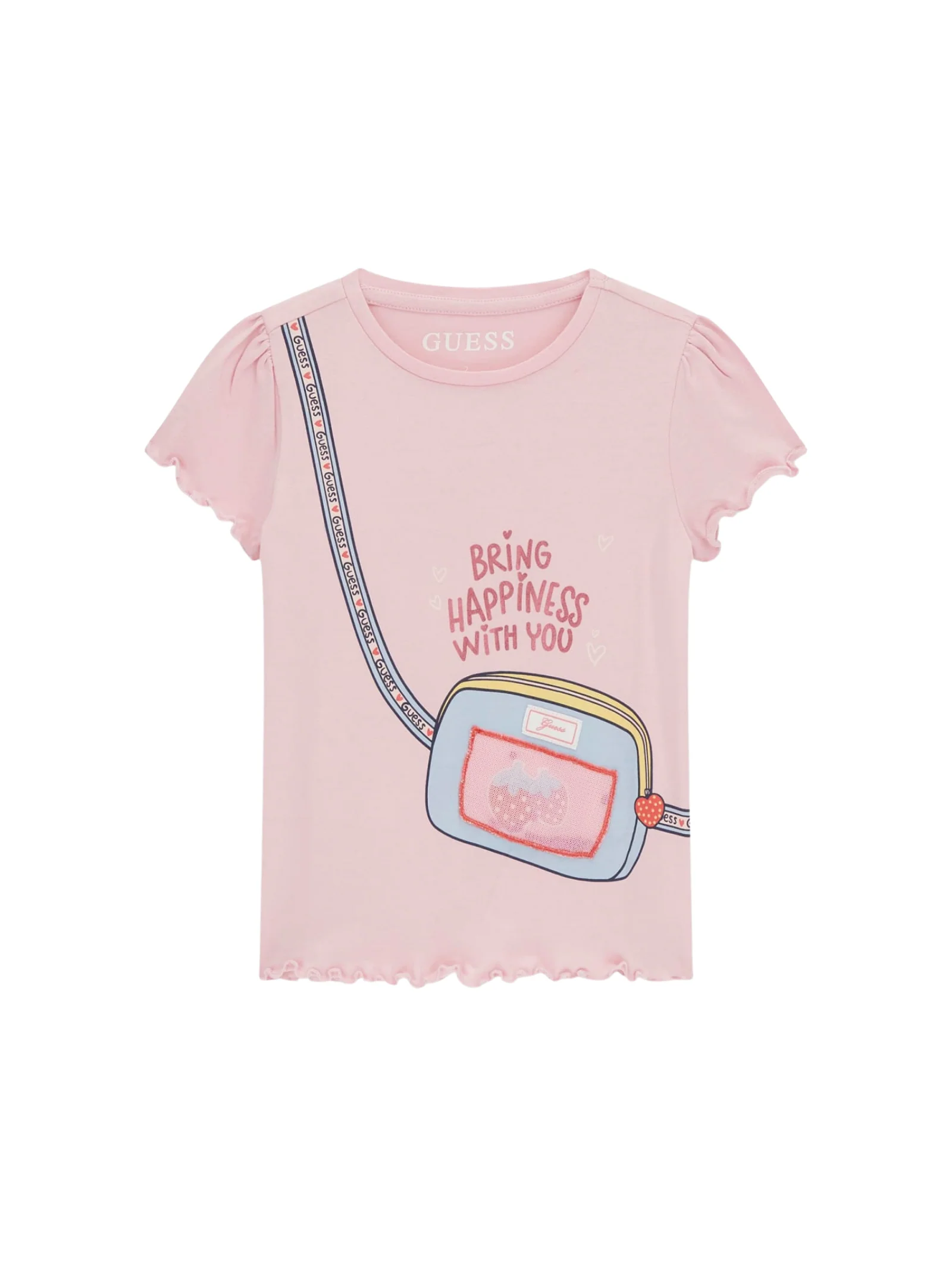 T-Shirt Guess rosa con stampa borsetta frontale e bordi arricciati
