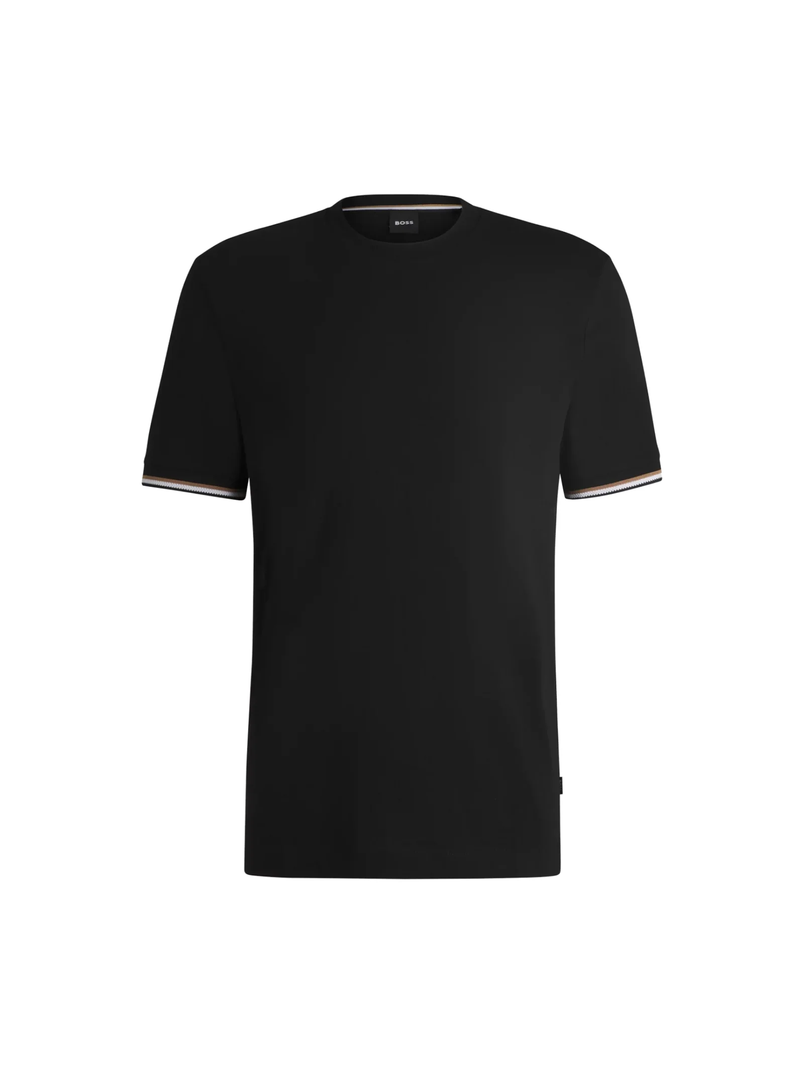 T-Shirt in jersey Boss nera con righe tipiche del marchio sul fondo manica