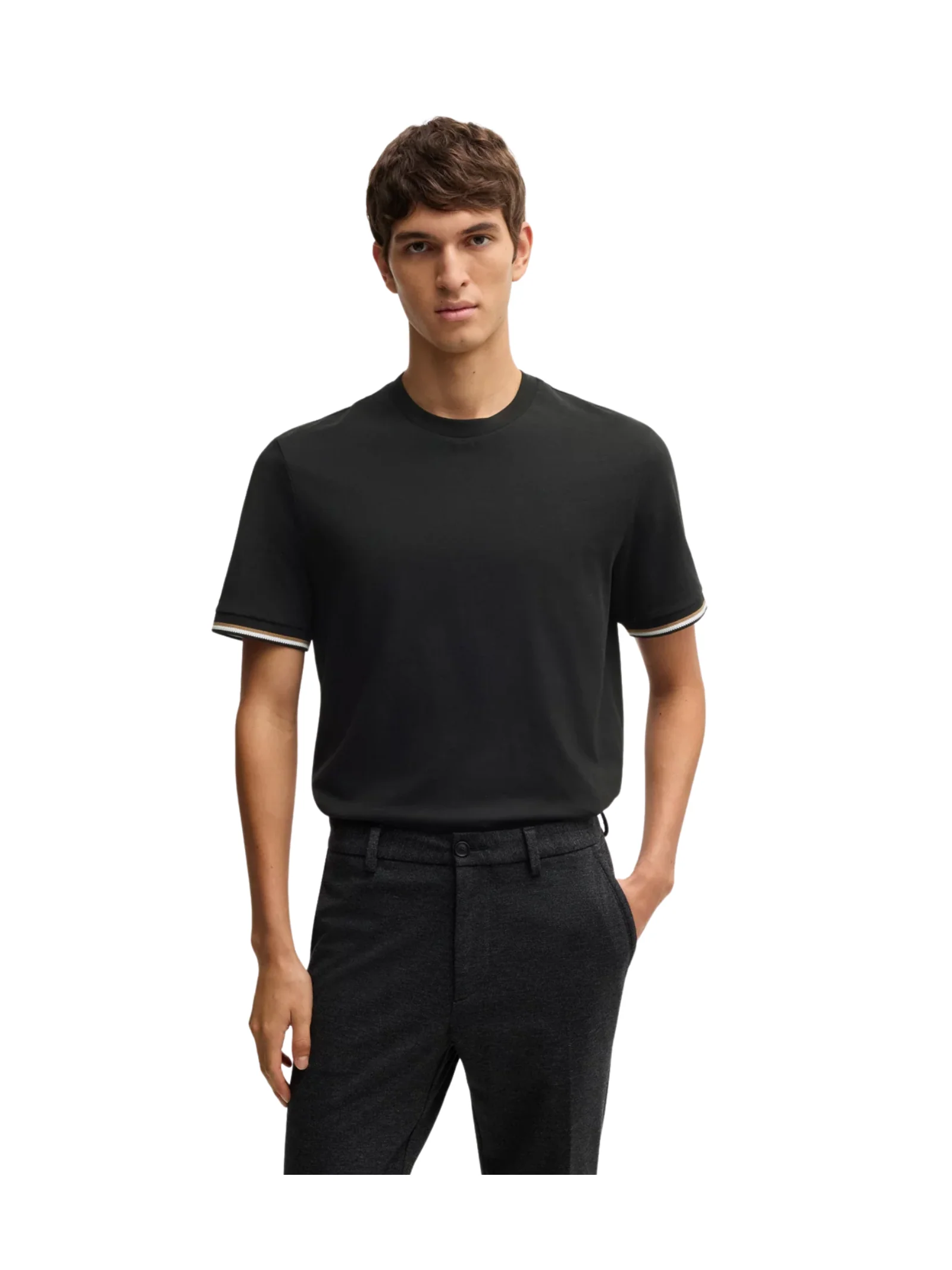 T-Shirt in jersey Boss nera con righe tipiche del marchio sul fondo manica - Image 2