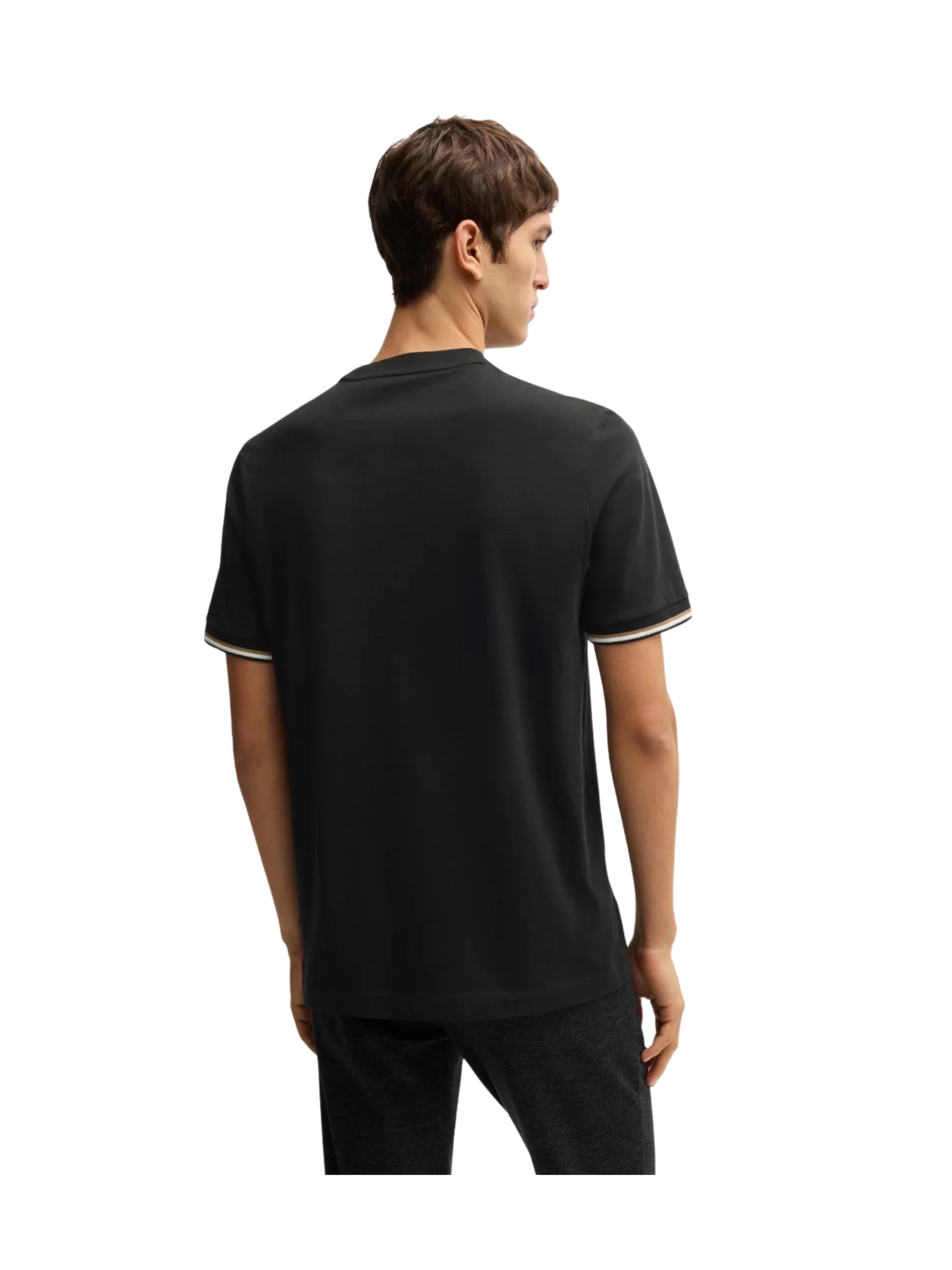 T-Shirt in jersey Boss nera con righe tipiche del marchio sul fondo manica - Image 3