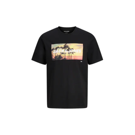 T-Shirt Jack & Jones nera con stampa tropicale e logo