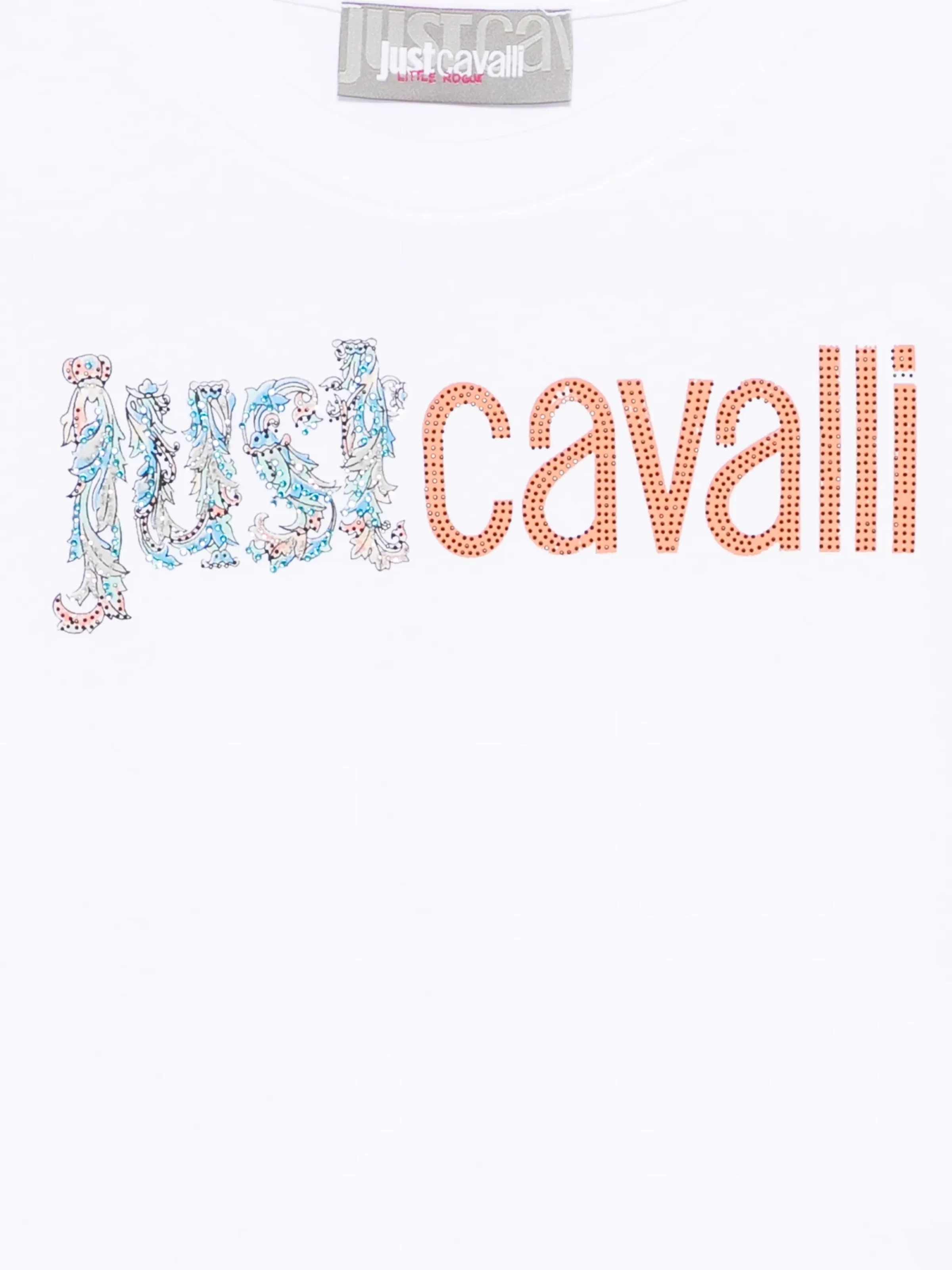 T-Shirt Just Cavalli bianca con logo in strass - Image 3