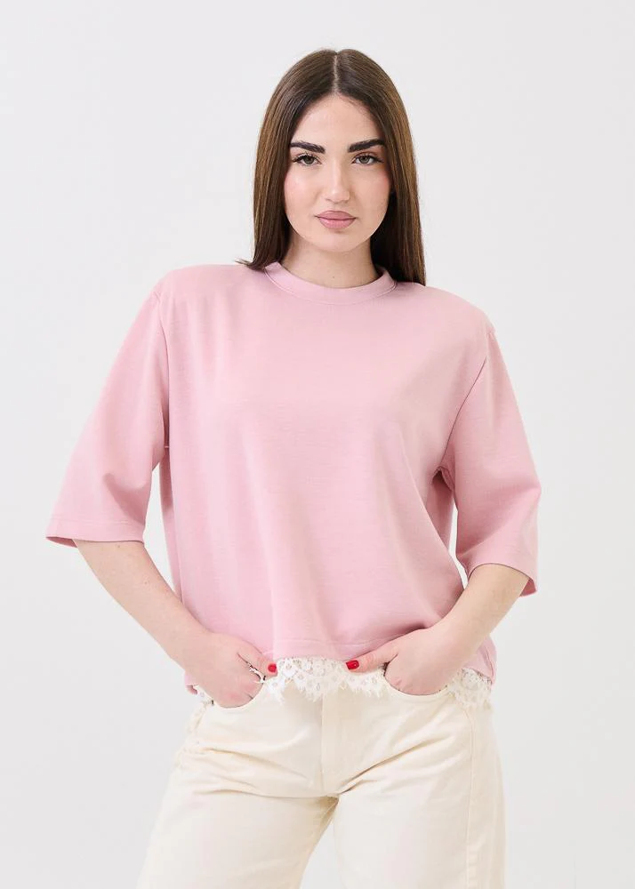 T-Shirt lumi Dixie rosa con inserti in pizzo