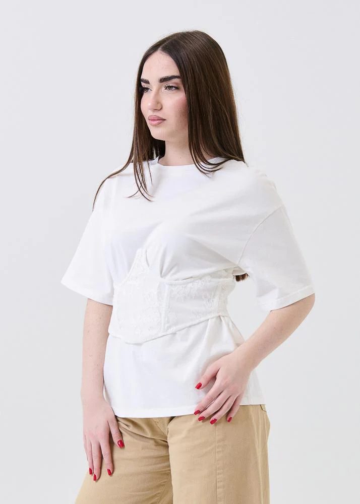 T-Shirt over Haveone bianca con corsetto tono su tono - Image 2