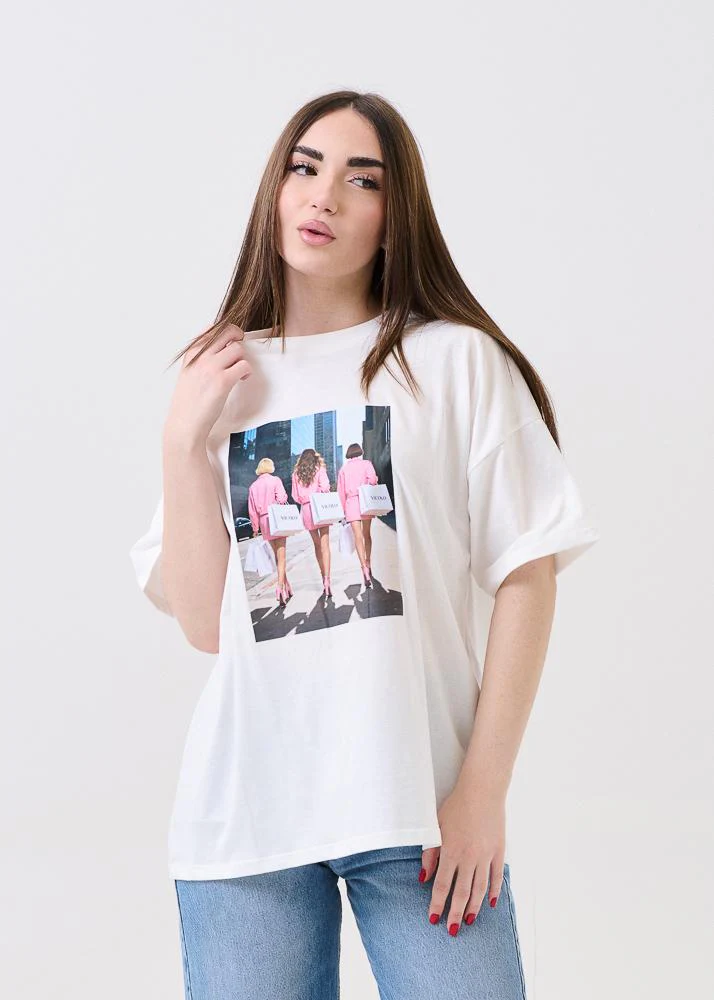 T-Shirt over Vicolo bianca con stampa modelle con shopper Vicolo