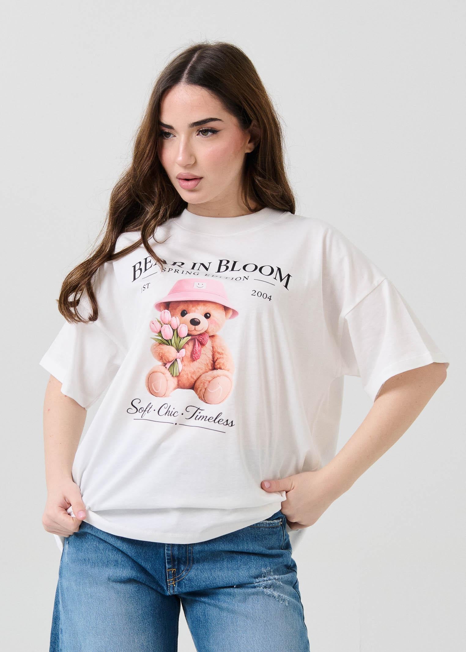 T-Shirt over Vicolo bianca con stampa teddy con tulipani - Image 2