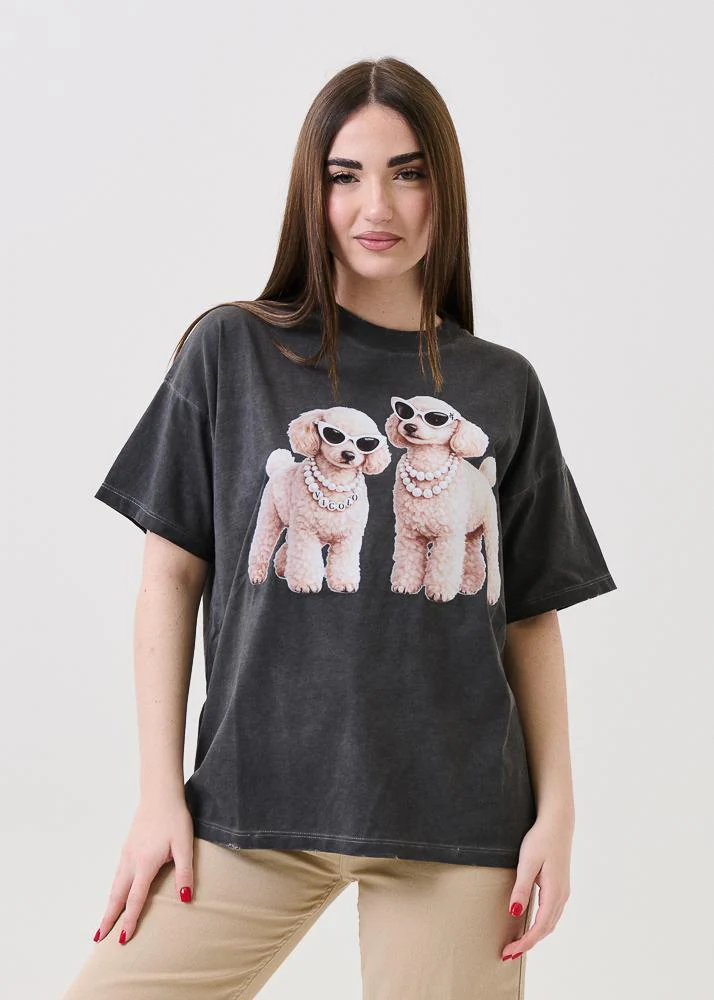 T-Shirt over Vicolo grigia con stampa cani con perle e occhiali VCL