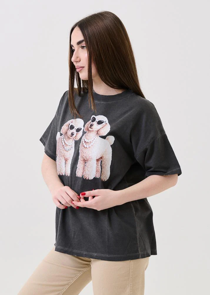 T-Shirt over Vicolo grigia con stampa cani con perle e occhiali VCL - Image 2