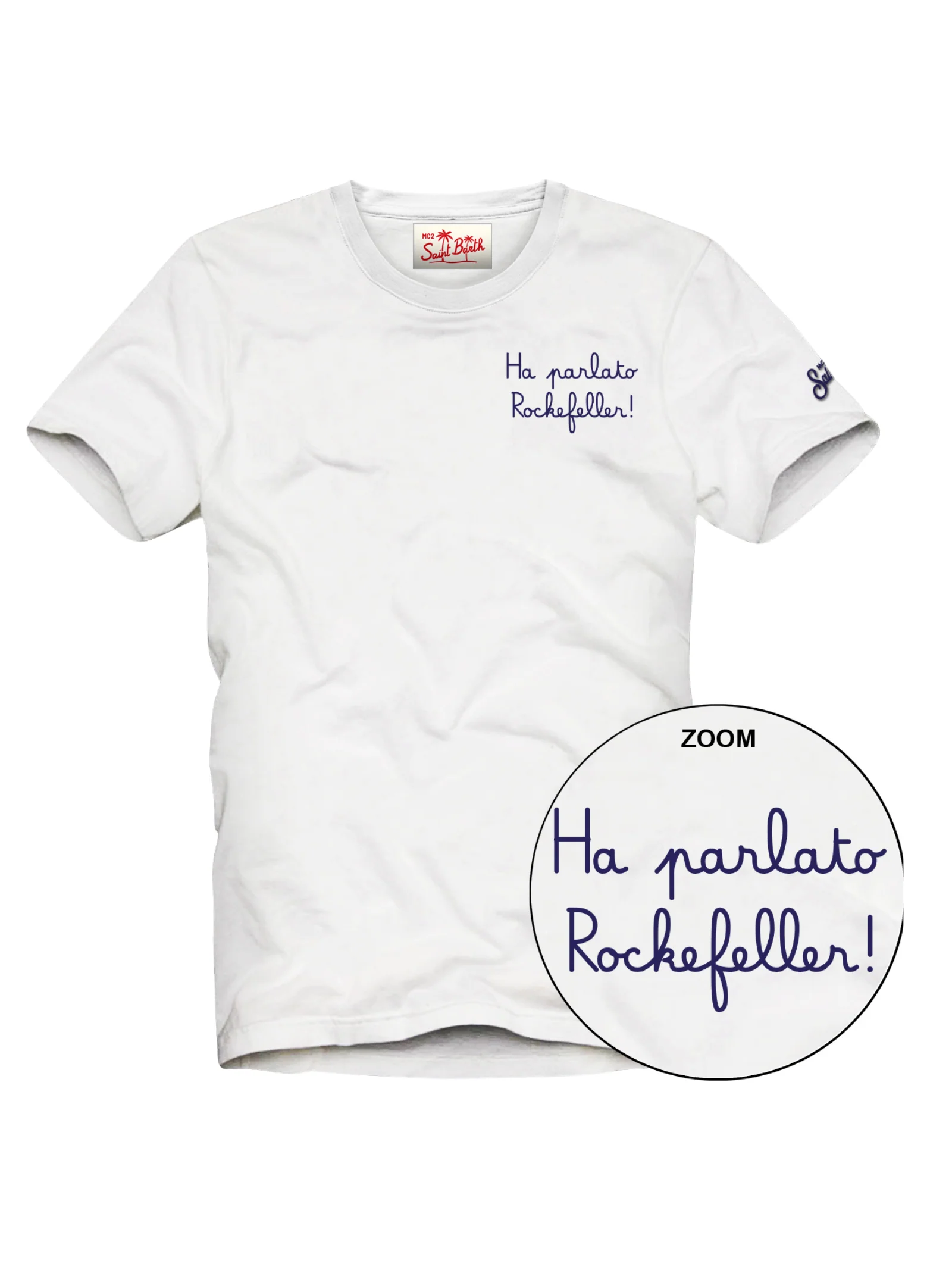 T-Shirt "Portofino" Saint Barth bianca "Ha parlato Rockefeller!"