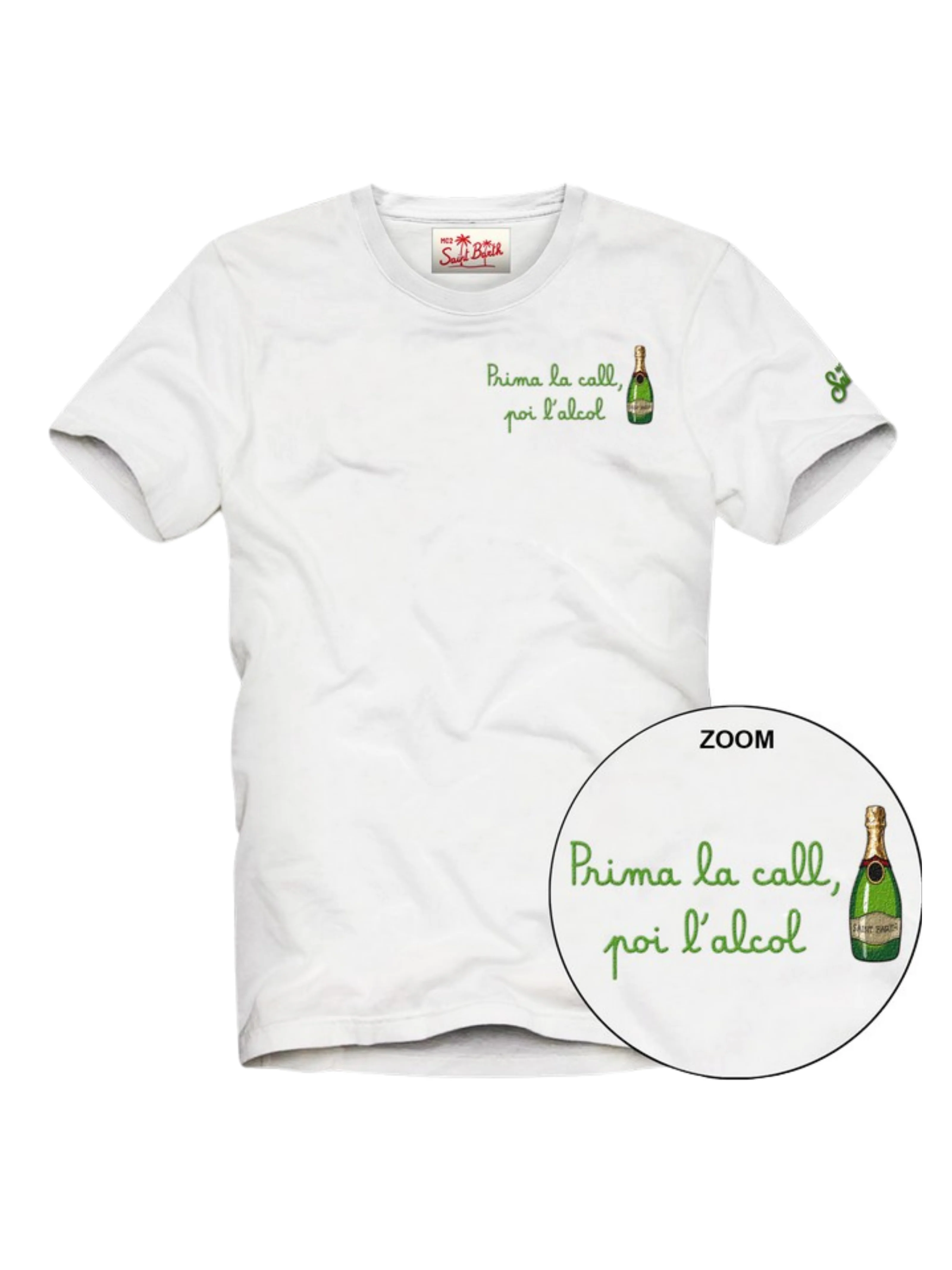 T-Shirt "Portofino" Saint Barth bianca "Prima la call, poi l'alcol"