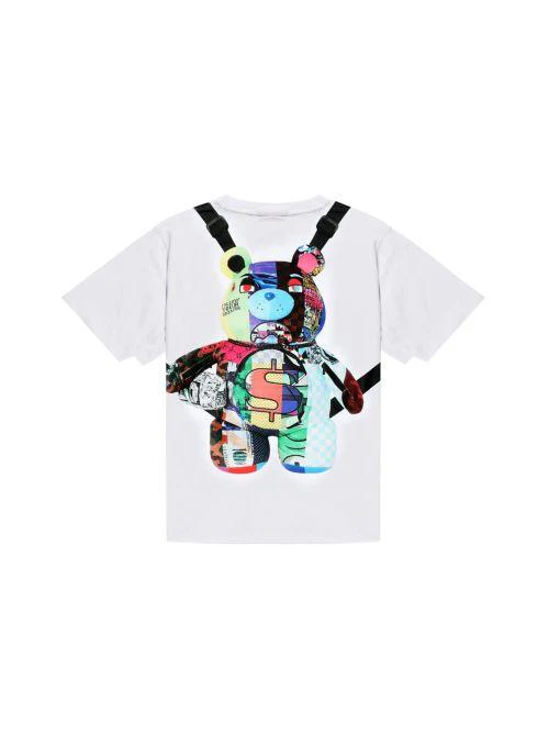 T-Shirt Sprayground bianca con stampa zaino teddy posteriore - Image 2