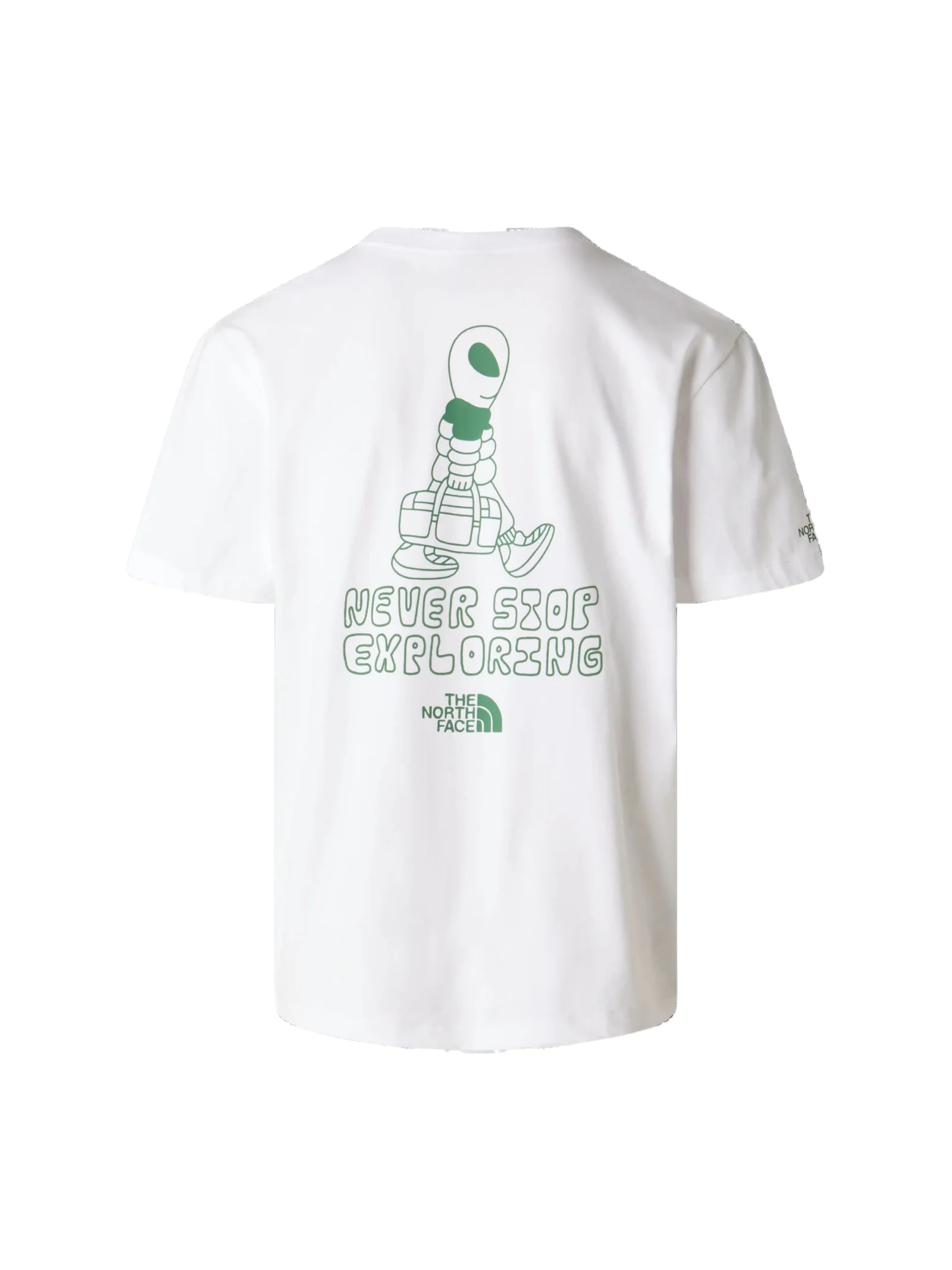 T-Shirt The North Face bianca con personaggio e scritta "Never Stop Exploring" - Image 2