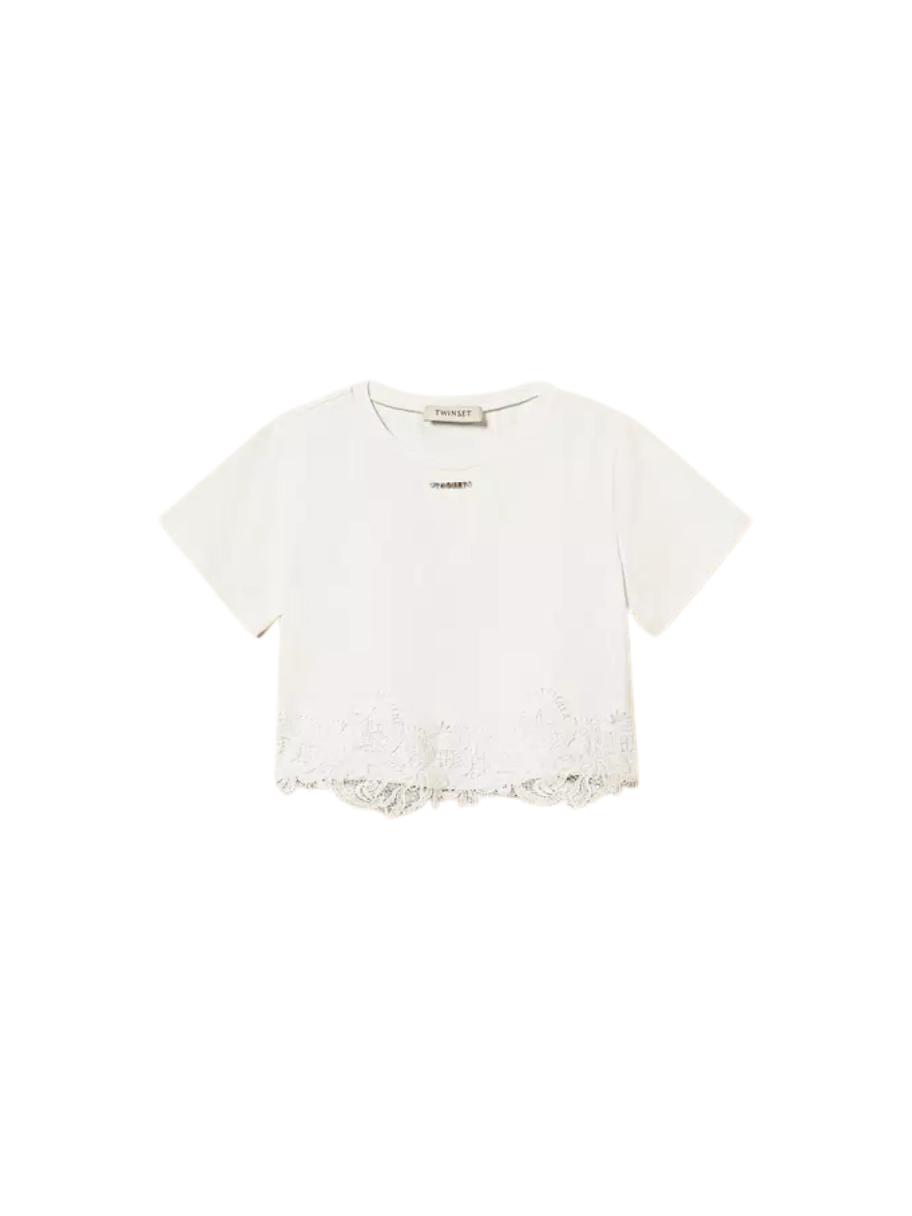 T-shirt Twinset bianca con pizzo e logo