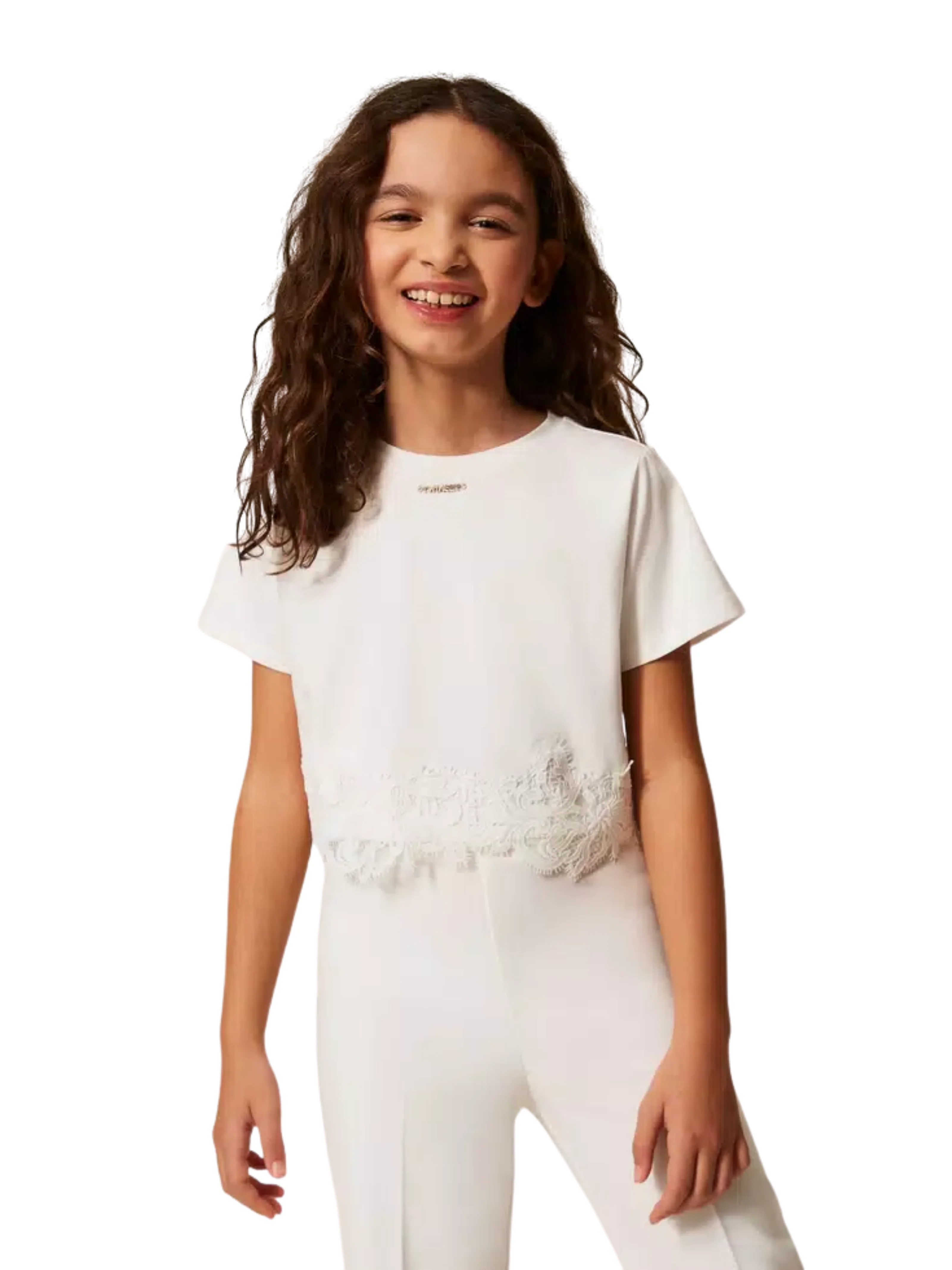 T-shirt Twinset bianca con pizzo e logo - Image 3