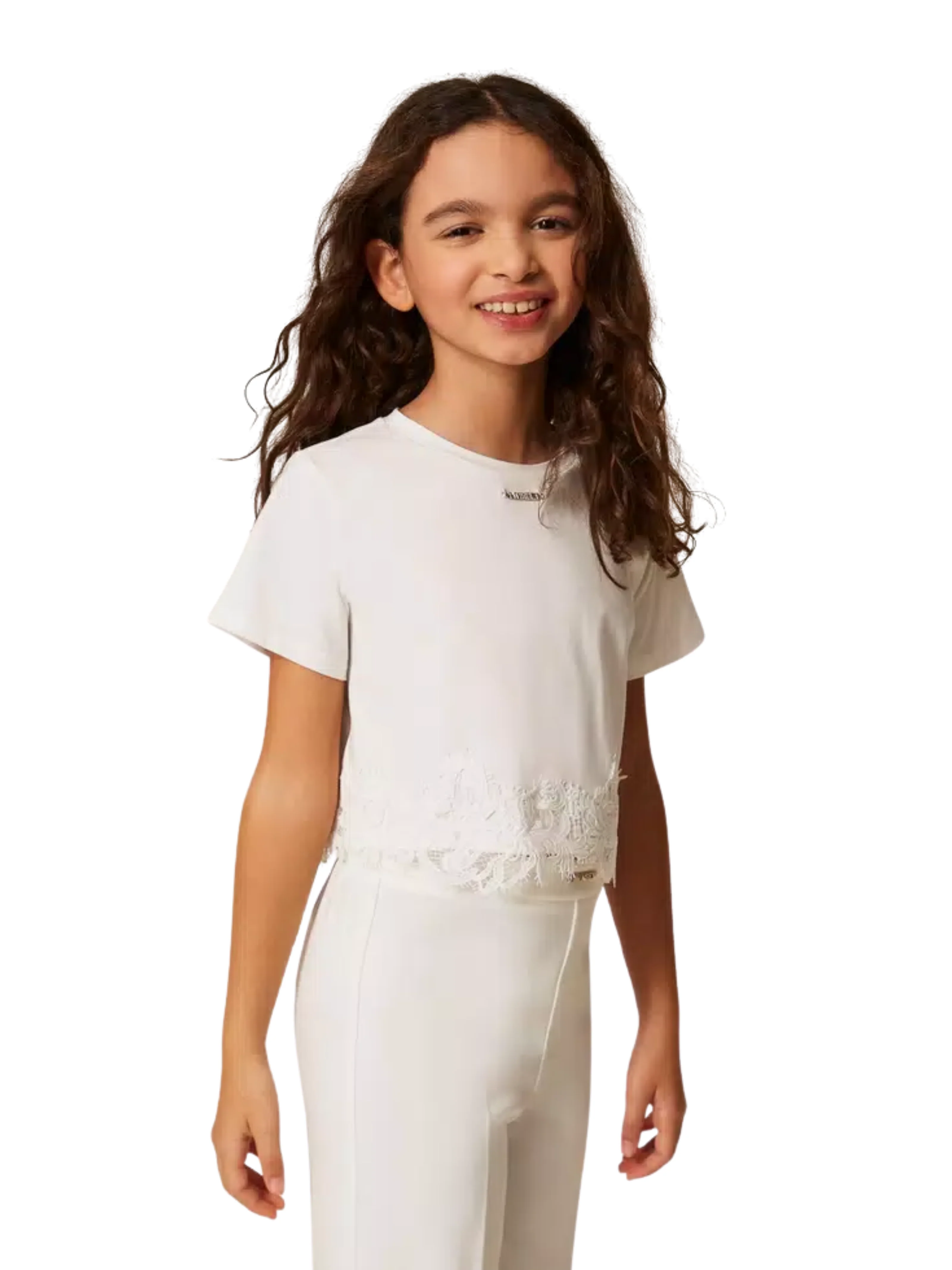 T-shirt Twinset bianca con pizzo e logo - Image 5