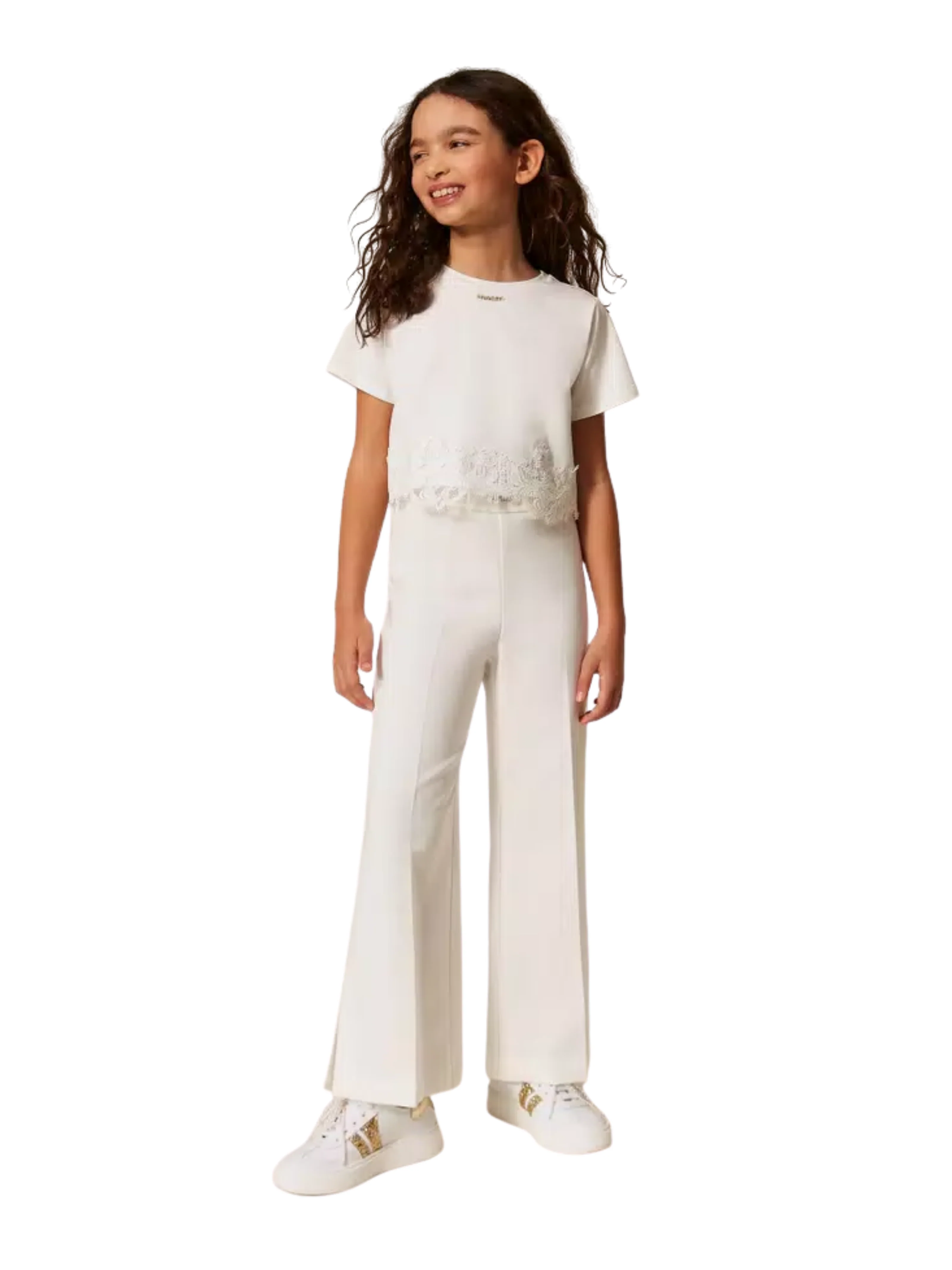 T-shirt Twinset bianca con pizzo e logo - Image 7