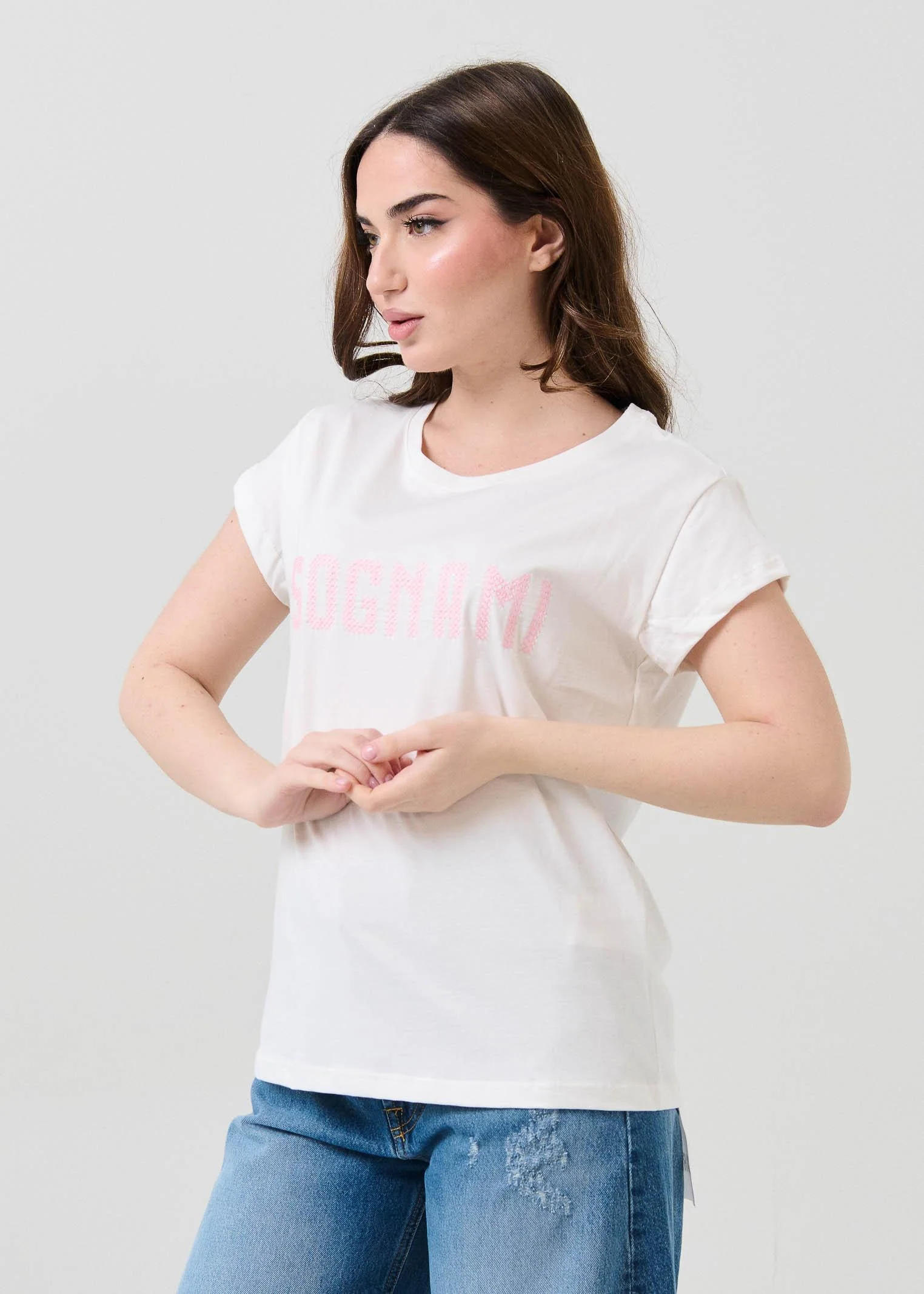 T-Shirt Vicolo bianca con ricamo "Sognami" rosa - Image 2