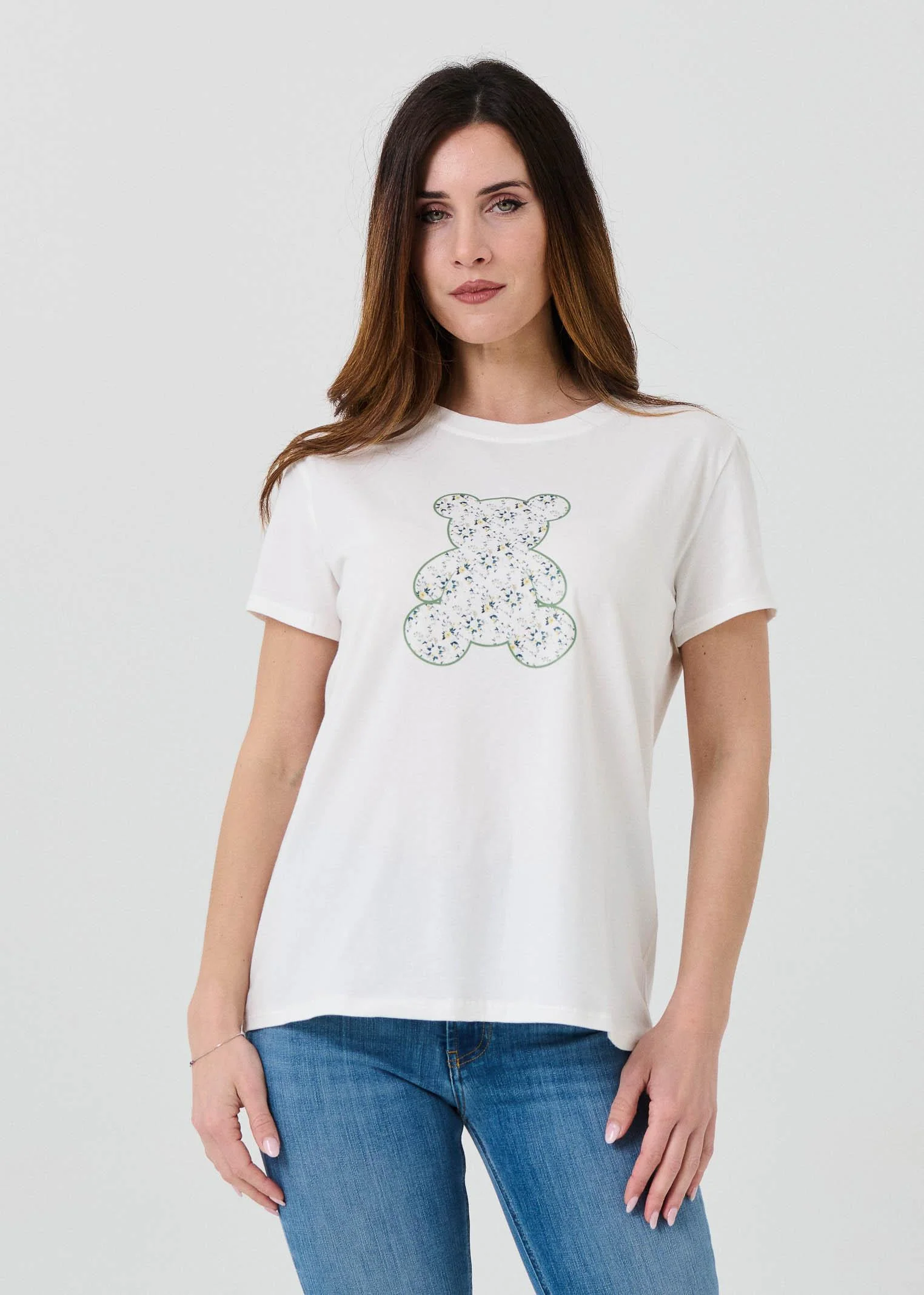 T-Shirt Vicolo bianca con sagoma teddy e stampa floreale verde