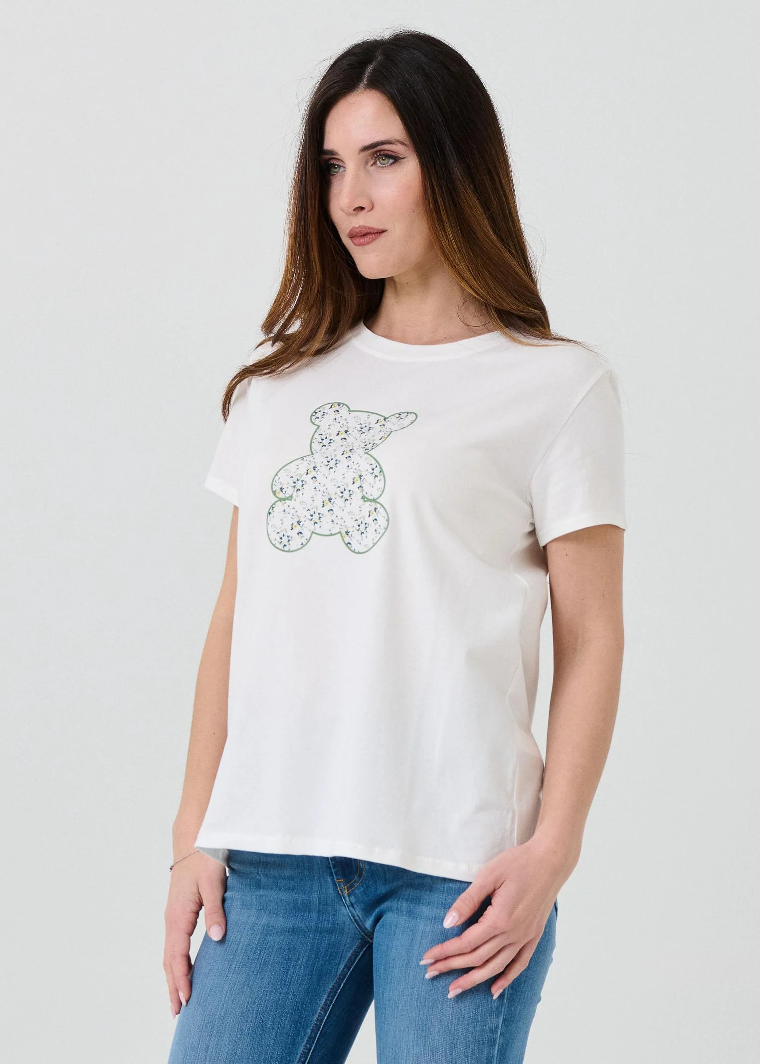 T-Shirt Vicolo bianca con sagoma teddy e stampa floreale verde - Image 2