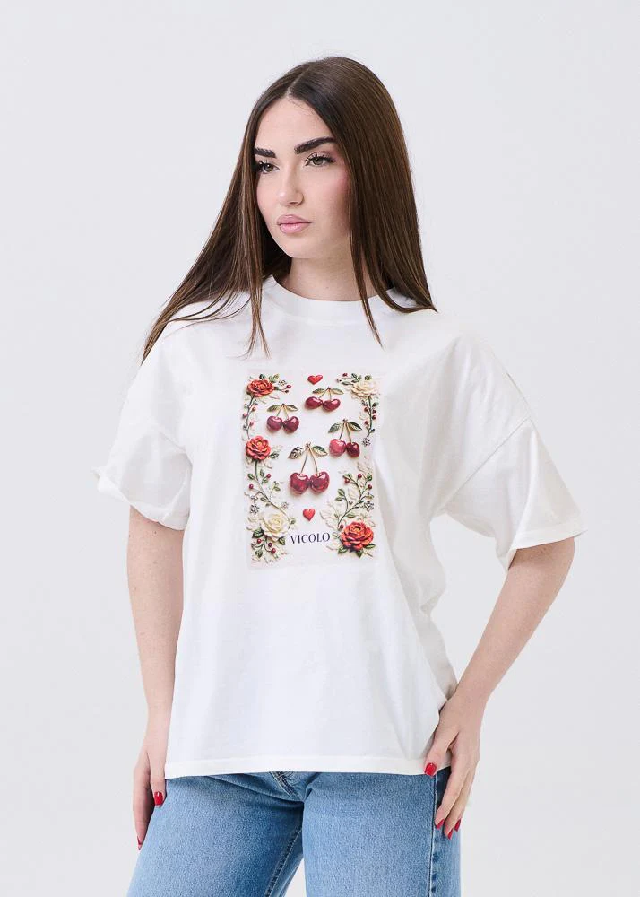 T-Shirt Vicolo bianca con stampa ciliegie e logo - Image 2
